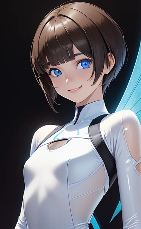 (Photorealistic:1.4)、(,20-year-old:1.5),(masterpiece、Blue lens flare:1.5、spot light:1.2、Exquisite beautiful eye:1.5,portlate),(kind eyes、tareme:1.9),(Black light:1.5)、Cute Face、 3D Face、(light brown hair:1.5)、(pixie cut:1.5),(sidelock :1.5),(blunt bangs:1.3),(1 woman)、(Blue eyes:1.2)、(upper body:1.5)、(Cute smile:1.5)、(head tilt) ,(Cute face:1.2),(flat chest),(),kind face,(white Bodysuit with cut out1.5),(black background:1.5)、()、()、 Neat and clean、Adorable、Demure,Slim Body(),Shiny Hair、()、Nijisketch,Manga,blacklight