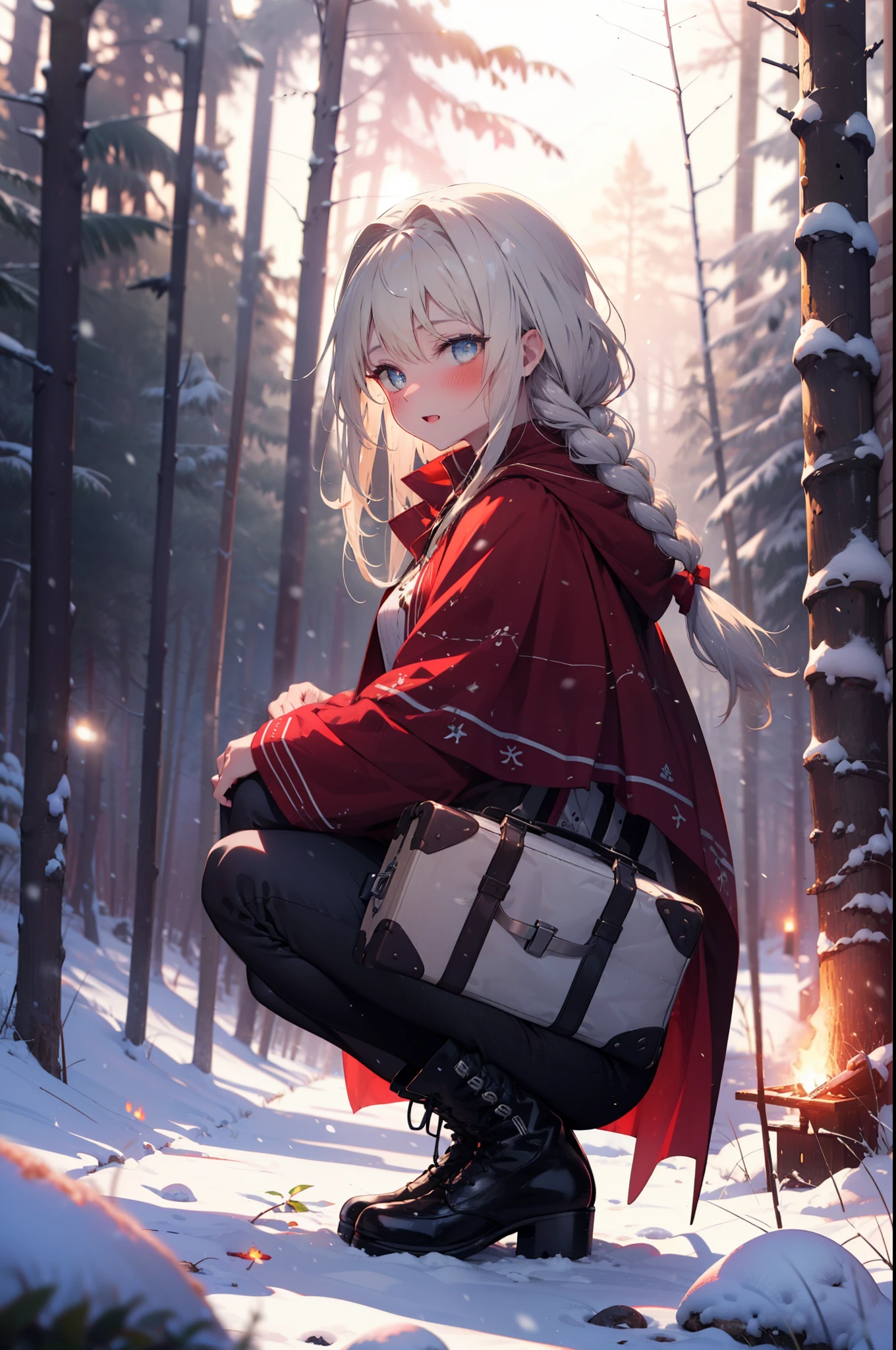 Arisburg, Alice Zuberg, bangs, blue eyes, blonde, Hair between the eyes, Very long hair, hair band, white hair band,smile,blush,White Breath,
Open your mouth,snow,A bonfire on the ground, Outdoor, boots, snowing, From the side, wood, suitcase, Cape, Blurred, forest, White handbag, nature, Squat, Mouth closed,Cape, winter, Written boundary depth, Black shoes, red Cape break looking at viewer, Upper Body, whole body, break Outdoor, forest, nature, break (masterpiece:1.2), highest quality, High resolution, unity 8k wallpaper, (shape:0.8), (Beautiful and beautiful eyes:1.6), Highly detailed face, Perfect lighting, Highly detailed CG, (Perfect hands, Perfect Anatomy),