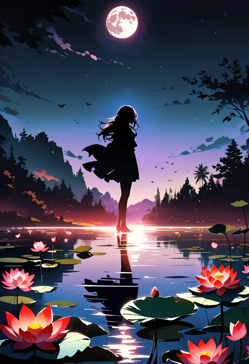 (Heroine silhouette:1.5),silver bob hair, Powerful,on the lake,high contrast, movie lighting, mysterious atmosphere,,lotus,lotus leaf,a moon