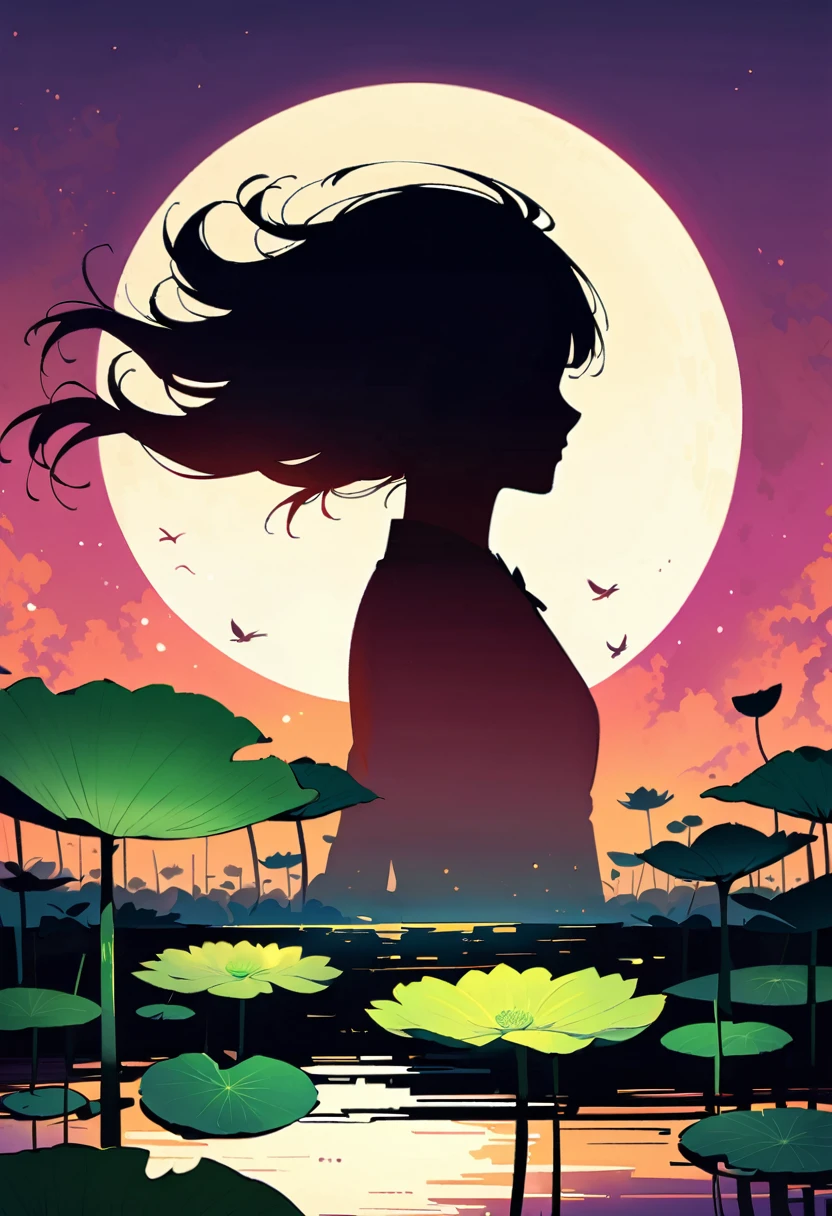 (Heroine silhouette:1.5),silver bob hair, Powerful,on the lake,high contrast, movie lighting, mysterious atmosphere,,lotus,lotus leaf,a moon