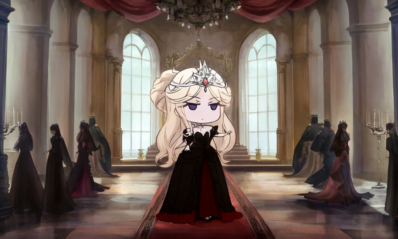 anime character in a long dress standing in a hall with a red carpet, in a throne room, inspired by Li Chevalier, ((wearing aristocrat robe)), an elegant gothic princess, ((a beautiful fantasy empress)), gothic regal, rococo queen, royal elegant pose, anime girl wearing a black dress, anime style like fate/stay night, evil princess