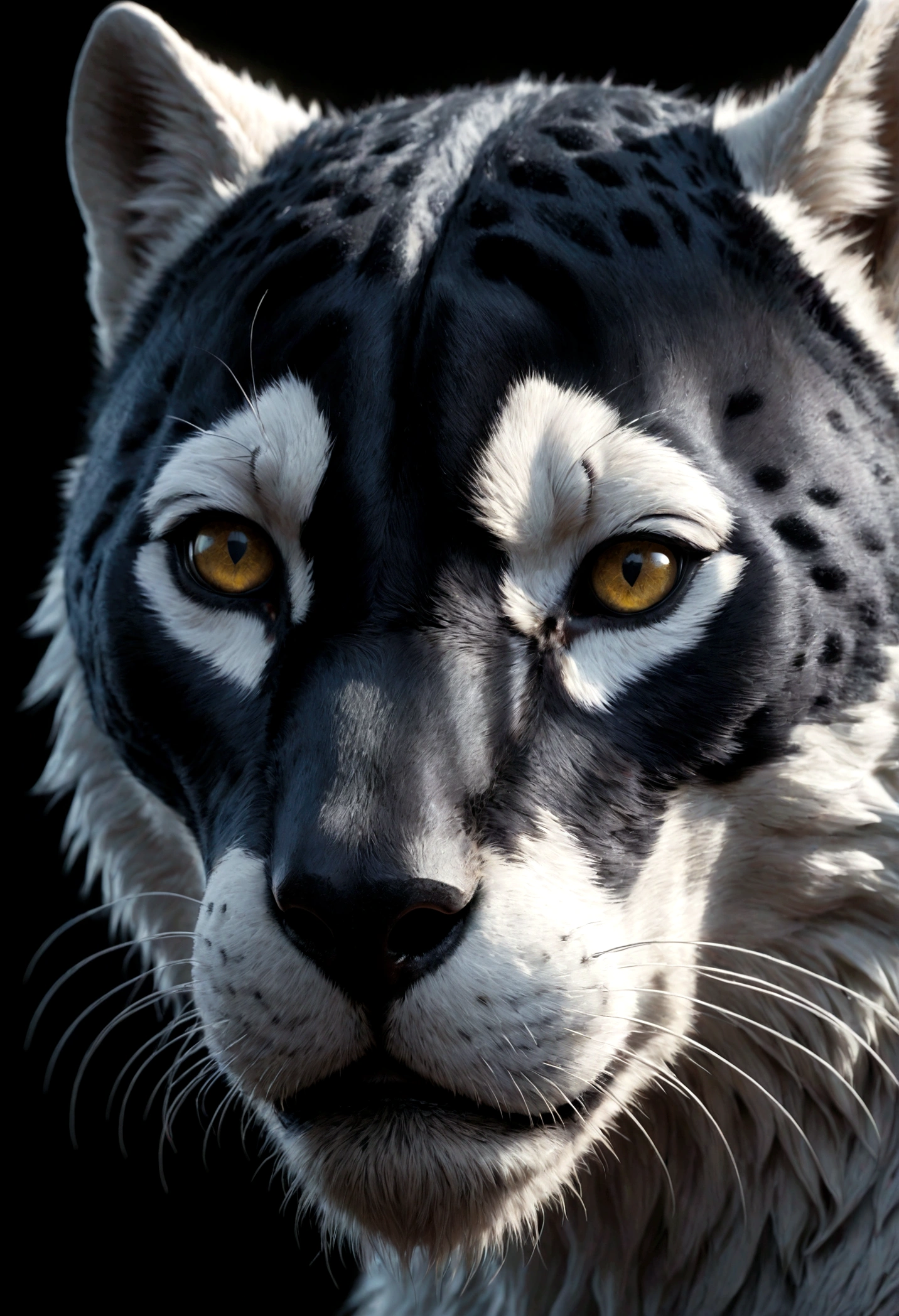 a black panther face, a white wolf face, highly detailed, intricate, cinematic, dramatic lighting, photorealistic, 8k, hyperrealistic, chiaroscuro, moody, atmospheric, powerful, intense, striking, dramatic, captivating, mesmerizing