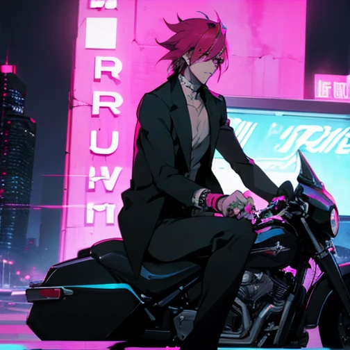(highest quality), (masterpiece), (Super detailed), (Shortcuts), (Two-block hair), (Bright pink hair), (Red eyes), (Cool pose), (Black suit), (neon), (Modern city), (neonデイライト), (Cinematic), (stylish), (High resolution), (Super detailedな), (Soft Town), (Nightcore), (a handsome guy), (The natural look of the building), (PSYCHO-PASS anime style), (Low - Angle), (Get behind the wheel and ride a Harley Davidson),