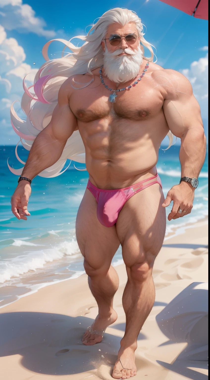 (masterpiece, best quality, detailed:1.2) old muscleman, daddy, long wavy white hair(king triton), big white beard, smiling , happy face, smirk, wearing a spandex speedo(pink) thong, very muscular body, chest hair , nicebulge, seascape, fluffy clouds, mustache, realistic, full body shot, shiny spandex thong(!), playing in waves, beach ball, beach ball spinning, tan skin, walking out of the ocean, water dripping off his body, water glistening on his skin, wet skin, walking towards me, big waves in background, next to a sandcastle, sand castle, shiny skin, sunglasses(pink), lots of tattoos on arms, tattoo sleve, surfer necklace, braids in beard, tropical flora, purple flower in hair,