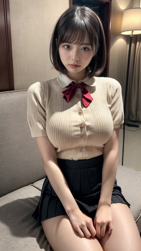 Masterpiece, highest quality, figure, Very detailed, Fine details, High resolution, 8k,wallpaper, Perfect dynamic composition,(Detailed high quality, Realistic depiction of eyes:1.3), (Collared knit shirt:1.1), Pleated skirt, Short Bob Hair、Black hair color, Big Natural Color Lip, Bold sexy pose, Crying a little、Cold Stare, Harajuku Style、Acrobatic pose, 20-year-old girl、Cute type、Lolita、Beautiful feet, Hotel Rooms, Idol Sculpture, Voluptuous thighs, Huge breasts