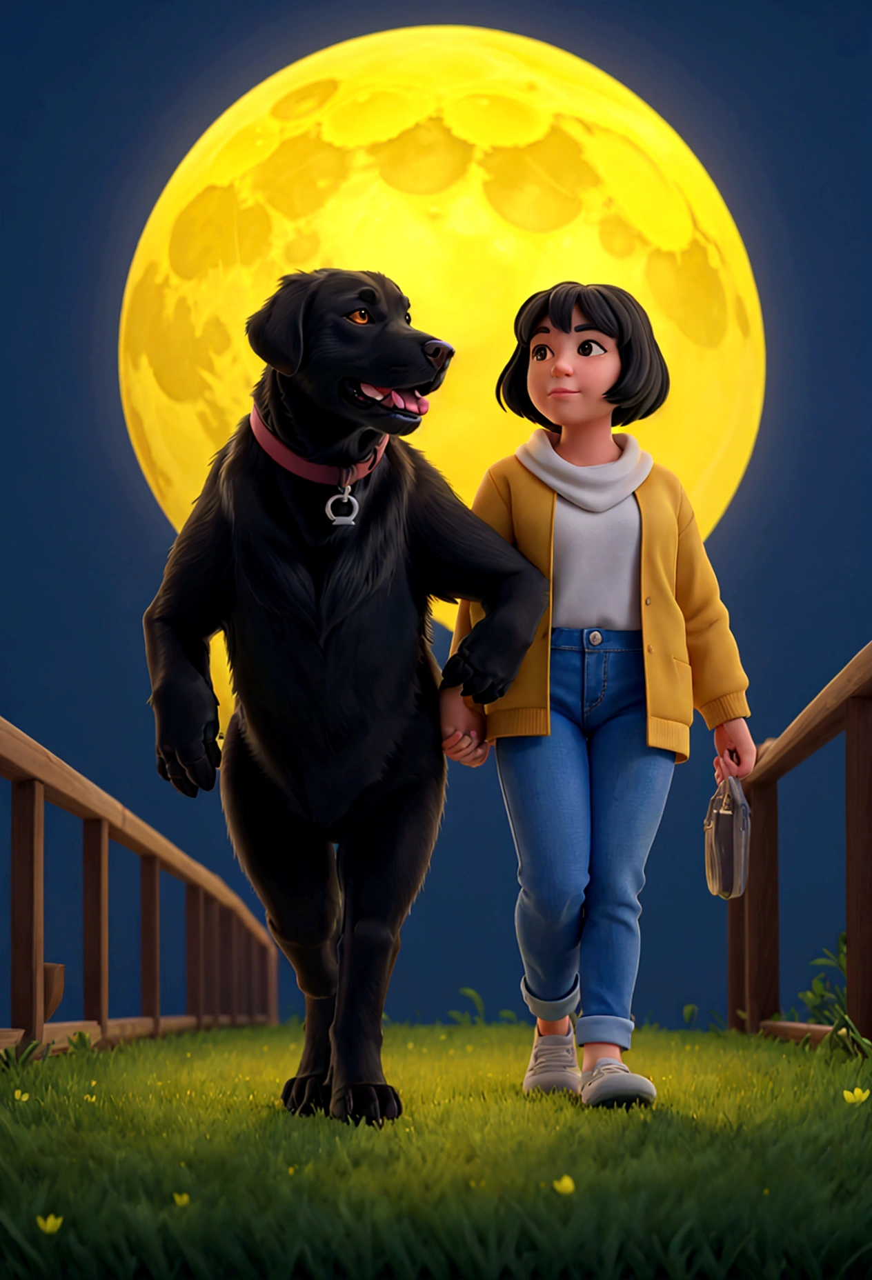 Create an image of a person walking an adorable full-grown black Labrador Retriever under a bright yellow full moon. The scene should evoke a sense of calm and beauty, highlighting the bond between the person and the dog as well as the moon's glow.
