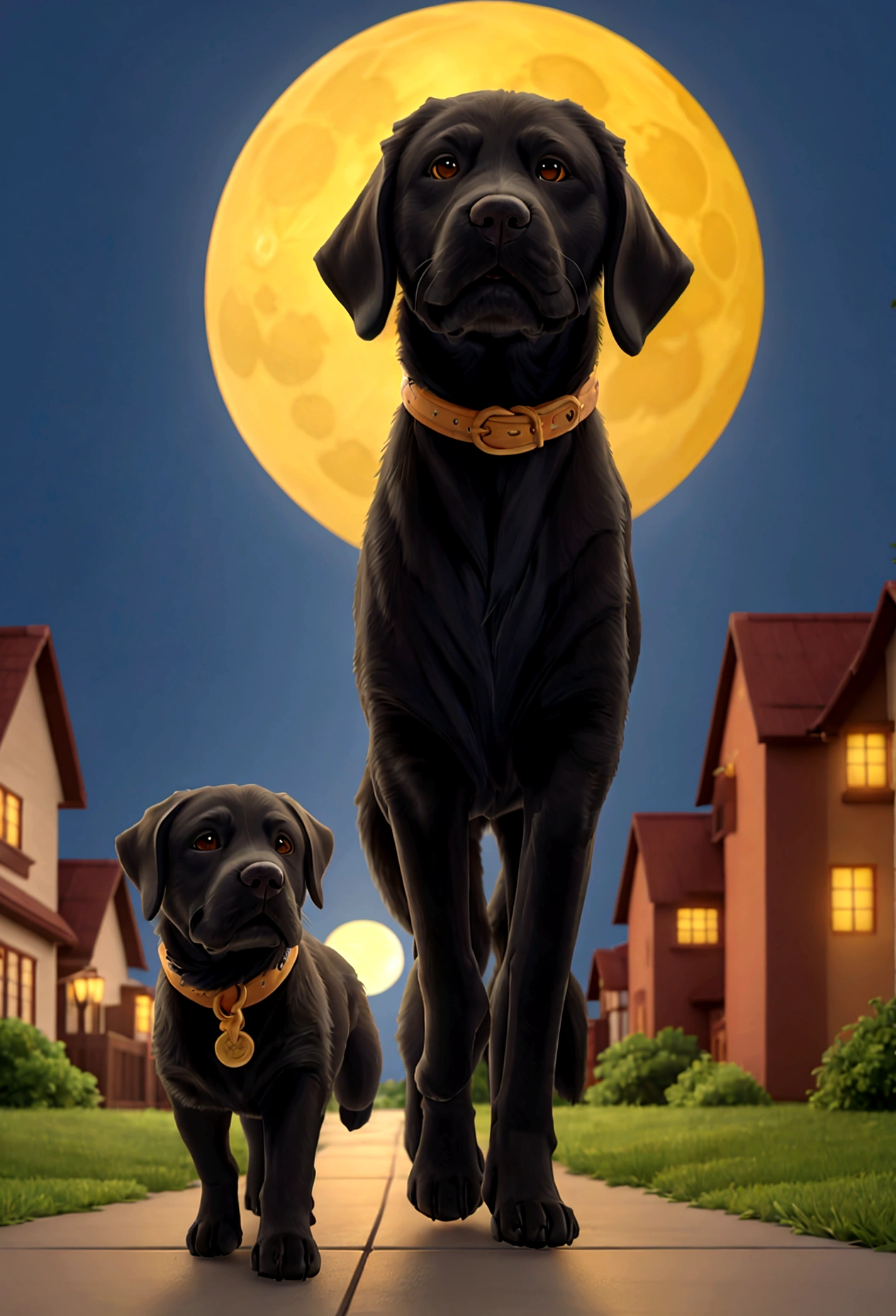 Create an image of a person walking an adorable full-grown black Labrador Retriever under a bright yellow full moon. The scene should evoke a sense of calm and beauty, highlighting the bond between the person and the dog as well as the moon's glow.
