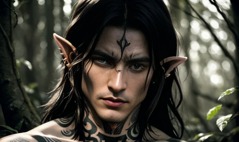 "((highly detailed, detailed eyes, detailed face, clear and realistic facial features, photorealistic, realistic light; cinematic)), (close up) mysterious male Tuatha de Danann hunter assassin, ethereal-looking, wearing fine elven clothing for the hunt, black hair, intense eyes, hunting you, heavy black tattoos over body, heavily tattooed, naked, blood o body and face, vicious, bloody, brutal, scary, dangerous, masculine, elven ears, seductive, smirking, looking at camera"