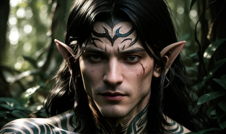 "((highly detailed, detailed eyes, detailed face, clear and realistic facial features, photorealistic, realistic light; cinematic)), (close up) mysterious male Tuatha de Danann hunter assassin, ethereal-looking, wearing fine elven clothing for the hunt, black hair, intense eyes, hunting you, heavy black tattoos over body, heavily tattooed, naked, blood o body and face, vicious, bloody, brutal, scary, dangerous, masculine, elven ears, seductive, smirking, looking at camera"
