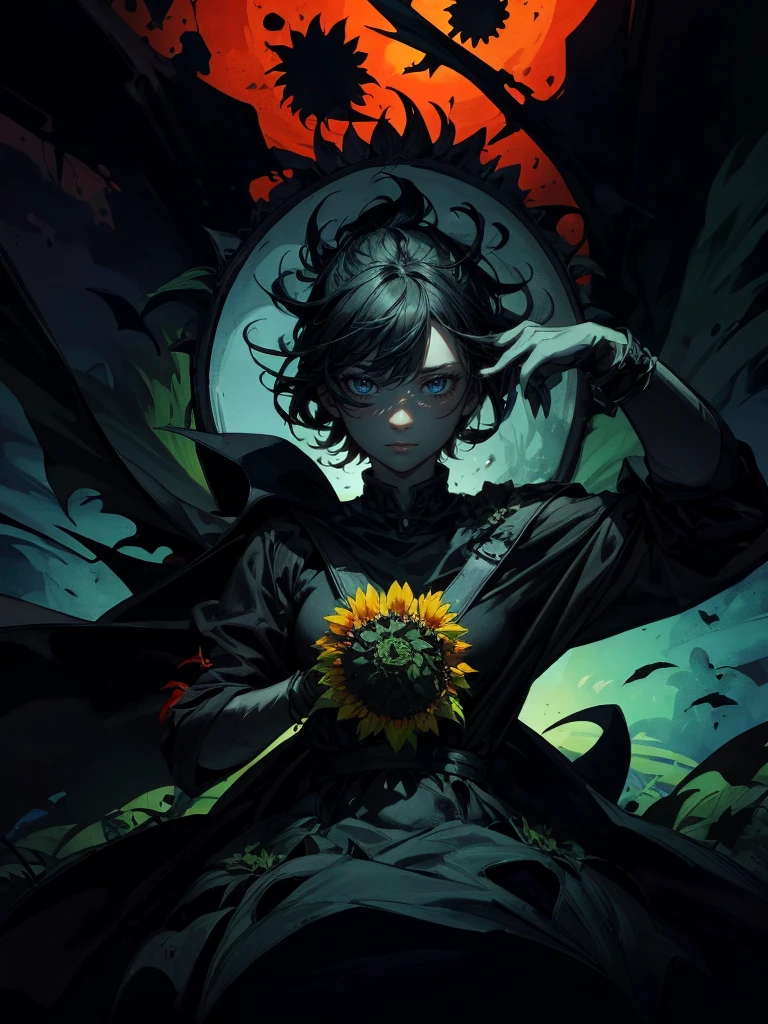 A “Carnivorous cartoon plant”, cover Sunflower With sharp teeth illustrated in the style of Mike Mignola and Simon Bisley on a black background, vector art design for a tshirt print, detailed, vibrant colors, high contrast, dynamic composition, dark fantasy style, horror atmosphere, surrealistic.