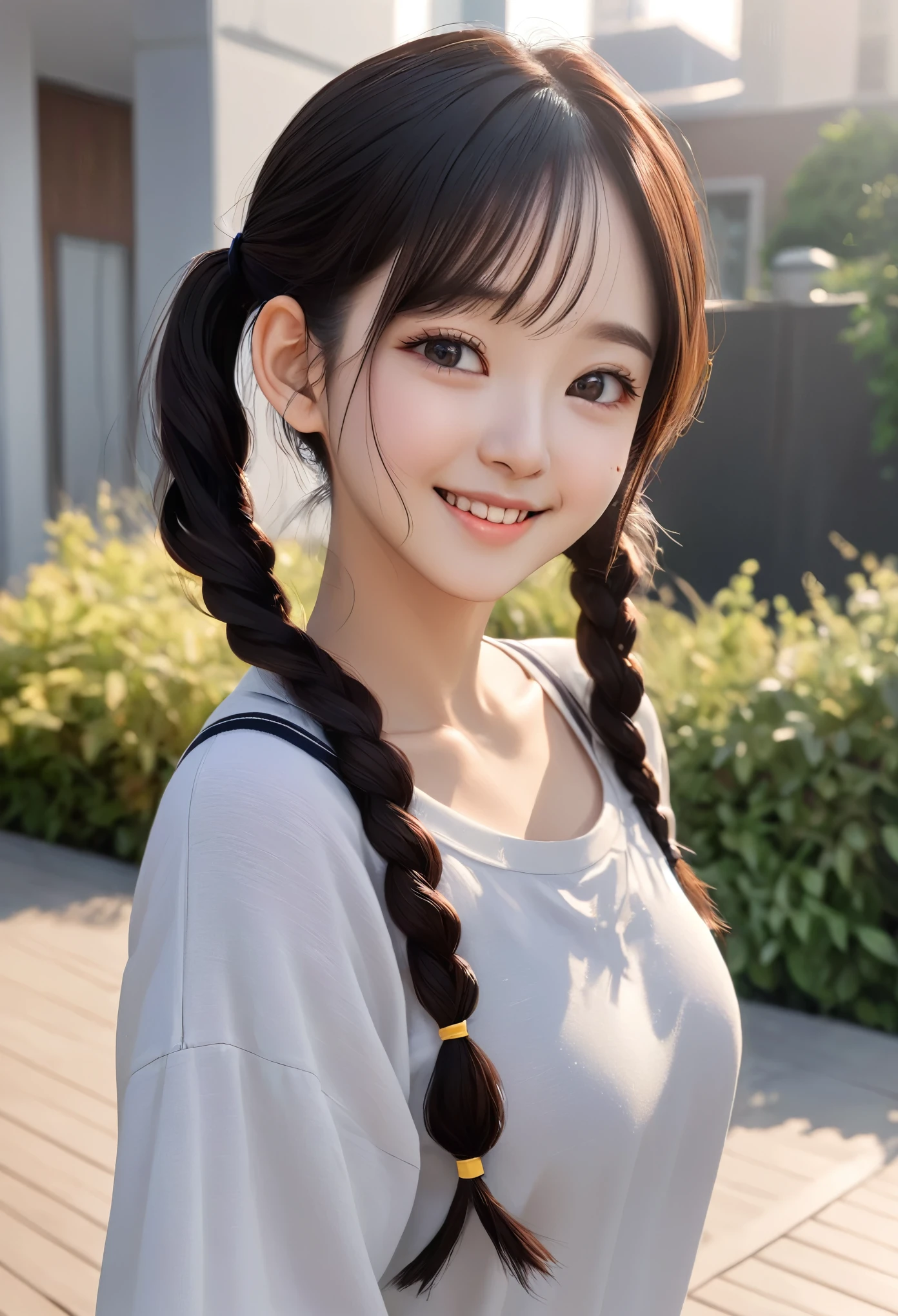 Realistic photos of cute Korean star women, Uneven pigtails, light makeup, Medium breast size, Smile a little, Clear facial features with sharp and realistic details, Sony FE, 35mm, Cinematic lighting, Advanced Details, UHD, high quality, HD, 8K, 16k