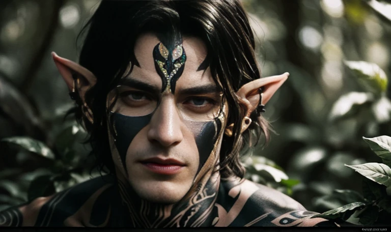"((highly detailed, detailed eyes, detailed face, clear and realistic facial features, photorealistic, realistic light; cinematic)), (close up) mysterious male Tuatha de Danann hunter assassin, ethereal-looking, wearing fine elven clothing for the hunt, black hair, intense eyes, hunting you, heavy black tattoos over body, heavily tattooed, naked, blood o body and face, vicious, bloody, brutal, scary, dangerous, masculine, elven ears, seductive, smirking, looking at camera"