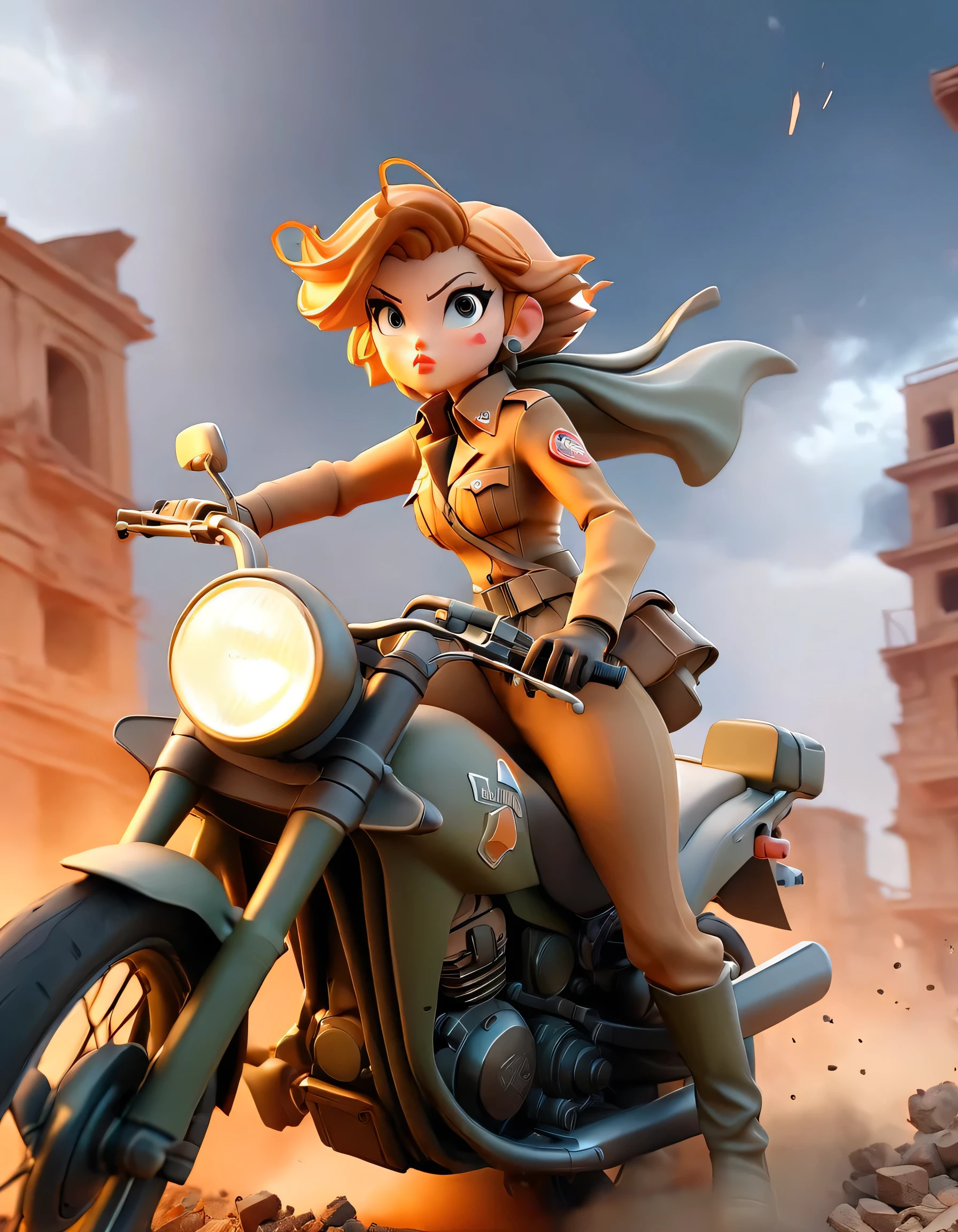 3D, Female soldier riding a motorcycle, destroyed city, battlefield, ruins, smoke, Orange sky, dust, ray, starry sky, from below, Wide angle lens, movie light, obscure, ultra wide angle, best quality, 8ก