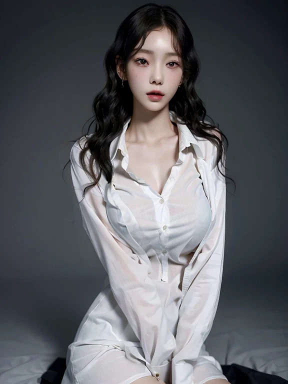 absurdres, RAW photo, extremely delicate and beautiful, ultra high resolution, 32k, hyperrealistic, ultra-detailed, perfect anatomy, perfect figure, Perfect skin, super Detailed skin, muted coral blush, Closed mouth, 20 years old, very Slim body, narrow waist, very small head, very small face, delicate facial features, tearful mole, earring, thin legs, bare legs, (((very huge round breasts))), short medium hair, braid hair, ((wavy hair)), wet clothes, hoodie, jacket, skirt, ((collared dress shirt)), masterpiece, Best Quality