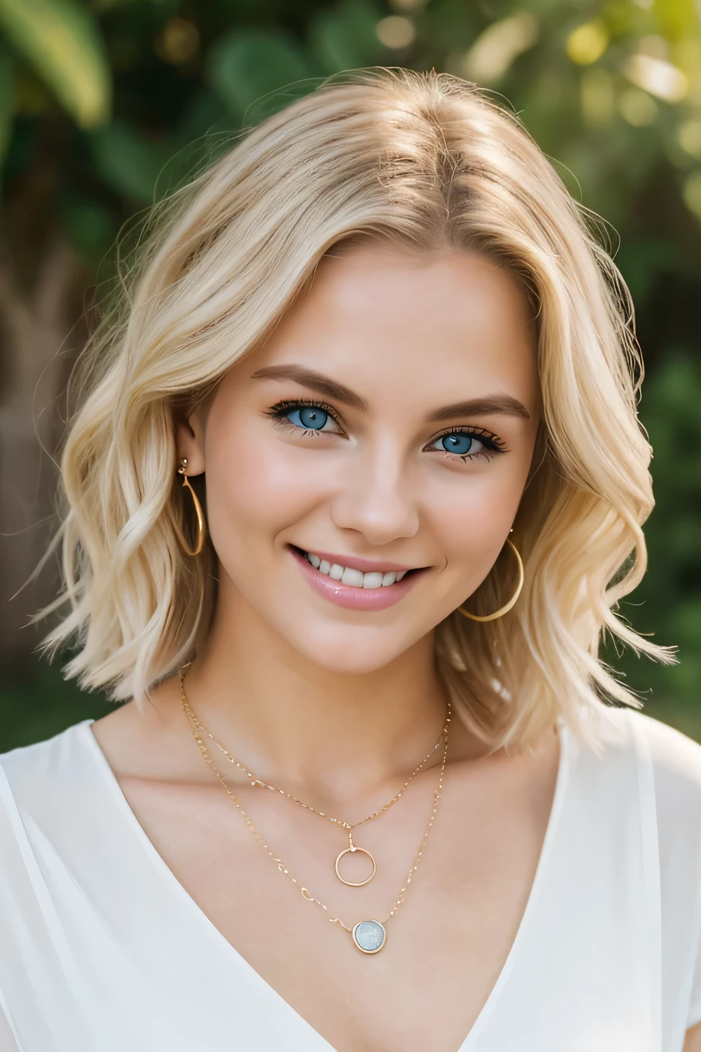 ２０A beautiful young woman、 White woman、Blonde Hair、Wavy Hair、Short Haircut、blue eyes、Ear piercing、Necklace around the neck、blouse、smile, Beautiful teeth alignment、Intricate details, Very detailed:1.2), 、 Looking at the camera,The background is the town

