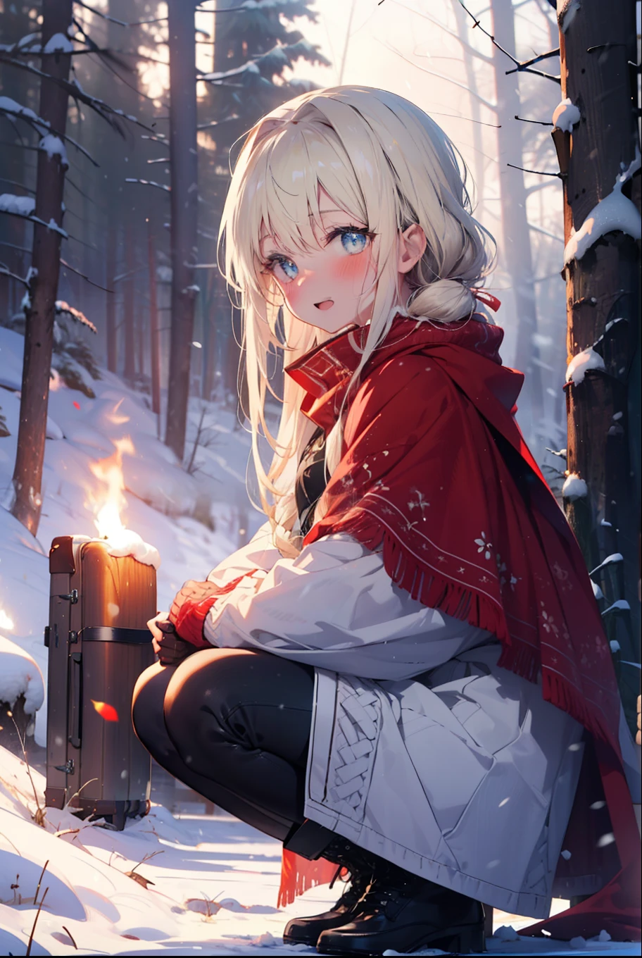 Arisburg, Alice Zuberg, bangs, blue eyes, blonde, Hair between the eyes, Very long hair, hair band, white hair band,smile,blush,White Breath,
Open your mouth,snow,A bonfire on the ground, Outdoor, boots, snowing, From the side, wood, suitcase, Cape, Blurred, forest, White handbag, nature, Squat, Mouth closed,Cape, winter, Written boundary depth, Black shoes, red Cape break looking at viewer, Upper Body, whole body, break Outdoor, forest, nature, break (masterpiece:1.2), highest quality, High resolution, unity 8k wallpaper, (shape:0.8), (Beautiful and beautiful eyes:1.6), Highly detailed face, Perfect lighting, Highly detailed CG, (Perfect hands, Perfect Anatomy),