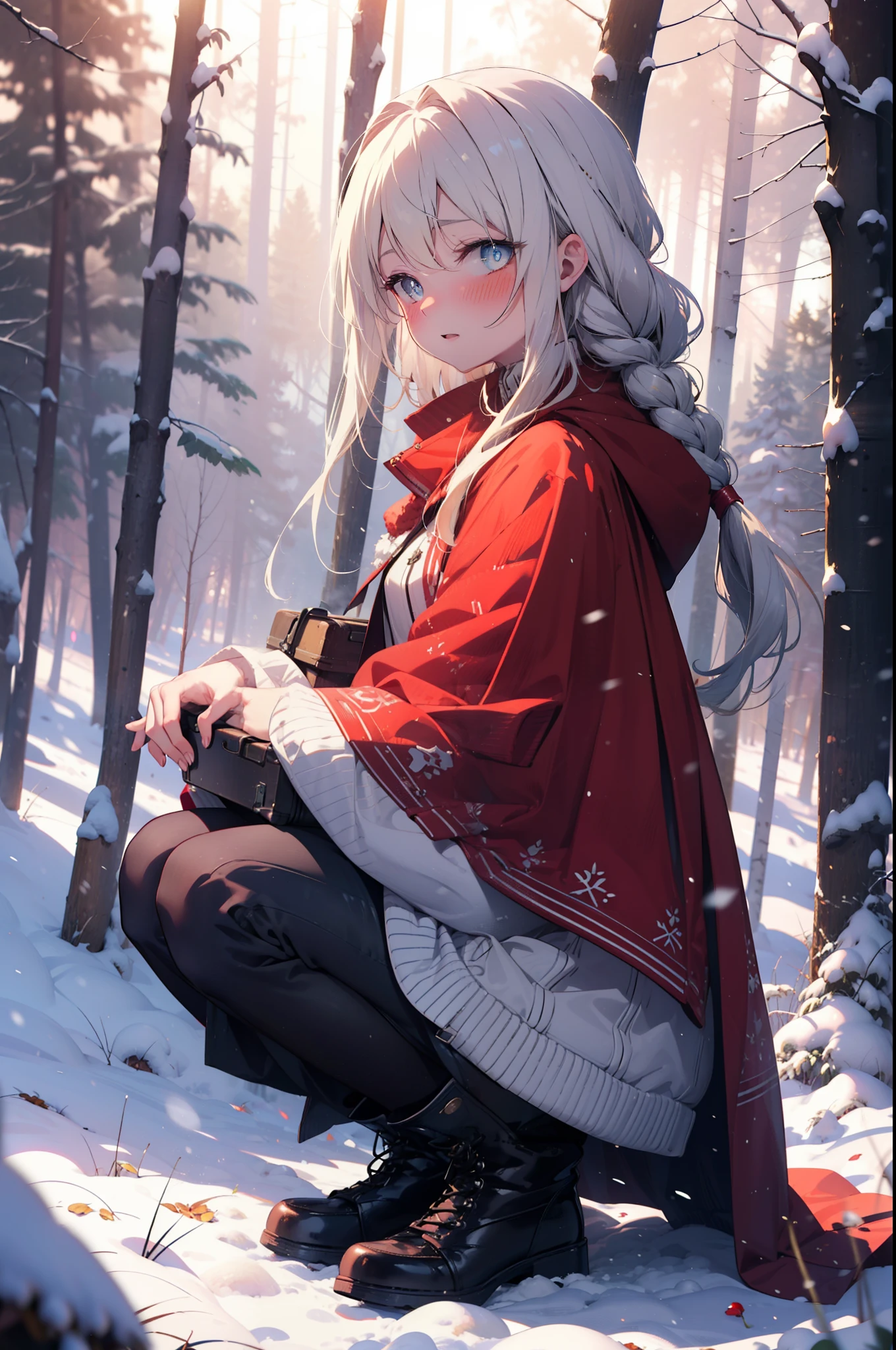 Arisburg, Alice Zuberg, bangs, blue eyes, blonde, Hair between the eyes, Very long hair, hair band, white hair band,smile,blush,White Breath,
Open your mouth,snow,A bonfire on the ground, Outdoor, boots, snowing, From the side, wood, suitcase, Cape, Blurred, forest, White handbag, nature, Squat, Mouth closed,Cape, winter, Written boundary depth, Black shoes, red Cape break looking at viewer, Upper Body, whole body, break Outdoor, forest, nature, break (masterpiece:1.2), highest quality, High resolution, unity 8k wallpaper, (shape:0.8), (Beautiful and beautiful eyes:1.6), Highly detailed face, Perfect lighting, Highly detailed CG, (Perfect hands, Perfect Anatomy),
