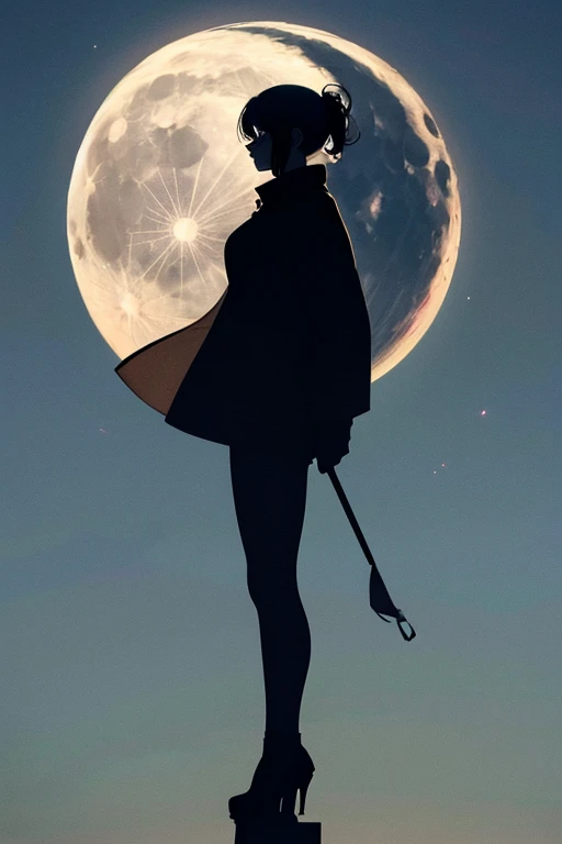 highest quality,Big moon and shadow,A silhouette of a person can be seen against the backdrop of a large moon.,There is one full moon,There is a mood,Beautiful scenery,Starry Sky