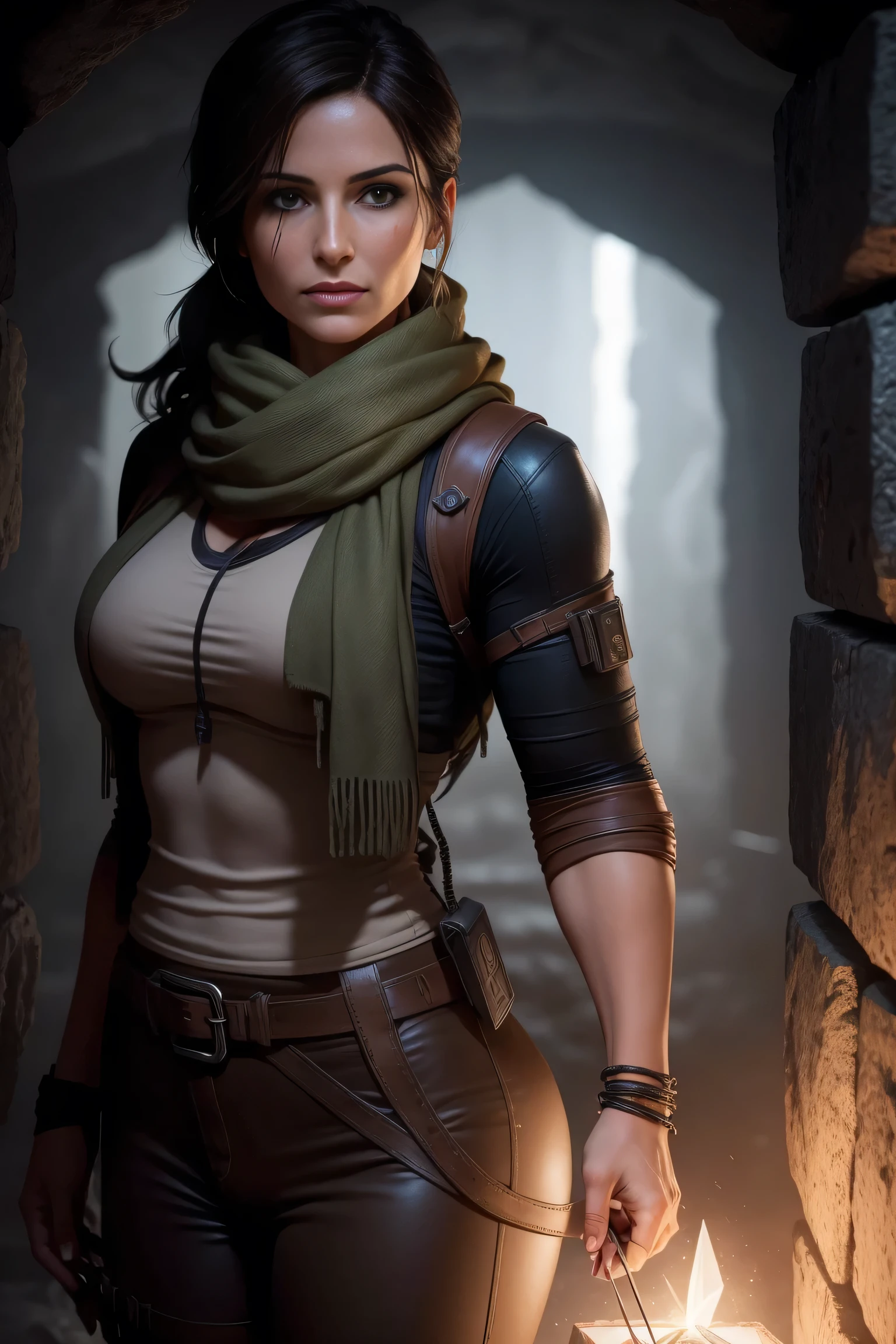 Lara Croft holding a metal hexagon cube with ancient drawings in her hands, standing in a Tomb, dark lighting, underground Tomb, perfect anatomy, beautiful face, perfect hands, broken statues in the background, wearing a dark coat and a scarf, DLSR, sharp focus, soft lighting, perfect face, ultra detailed face, perfect brown eyes, beautiful face