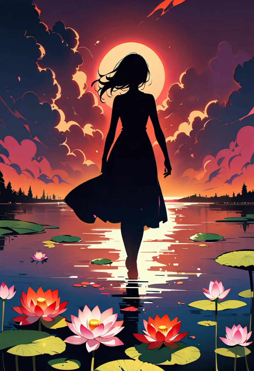 (Heroine silhouette:1.5),silver bob hair, Powerful,on the lake，high contrast, movie lighting, mysterious atmosphere,，lotus，lotus leaf，a moon