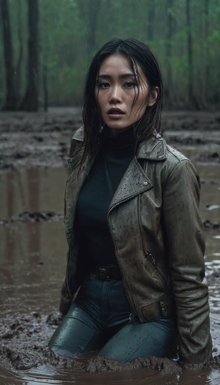 8k, ultra-detailed, documentary drama photo, grainy film photo, masterpiece,muted colors, muffled light, dusk, rainy, moody, ????, woman drowning in forest mud bog, shame expression, light turtleneck, faded leather jacket, beautiful long brunette hair, depraved outfit,asian:0.5,fetishistic makeup,