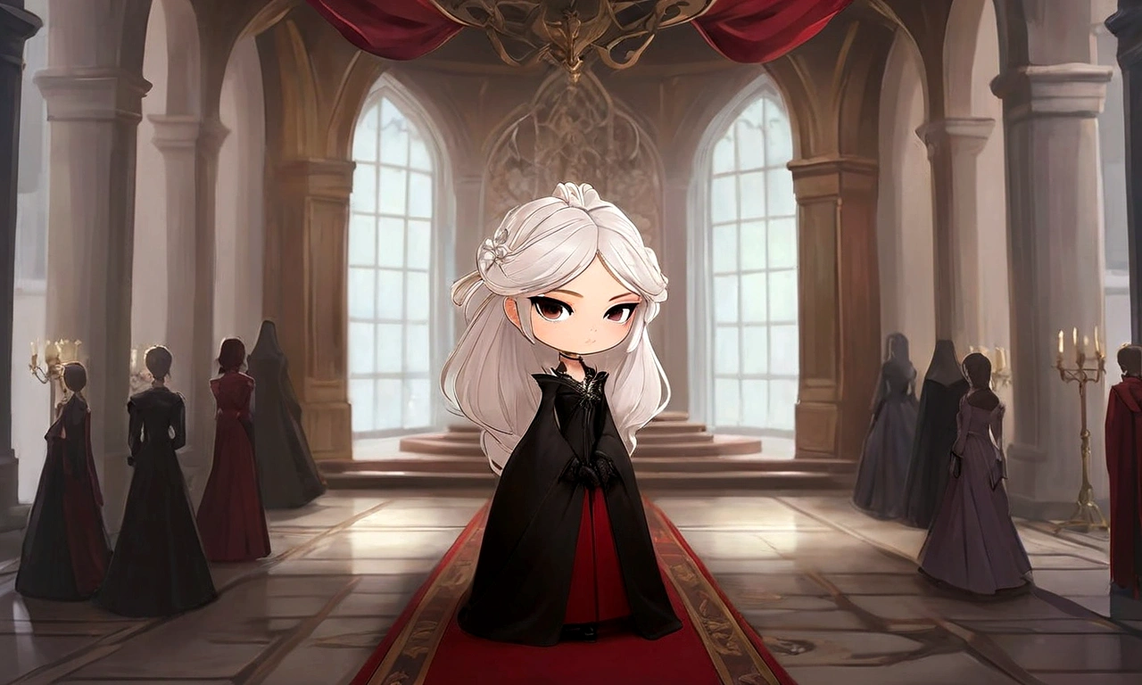 anime character in a long dress standing in a hall with a red carpet, in a throne room, inspired by Li Chevalier, ((wearing aristocrat robe)), an elegant gothic princess, ((a beautiful fantasy empress)), gothic regal, rococo queen, royal elegant pose, anime girl wearing a black dress, anime style like fate/stay night, evil princess