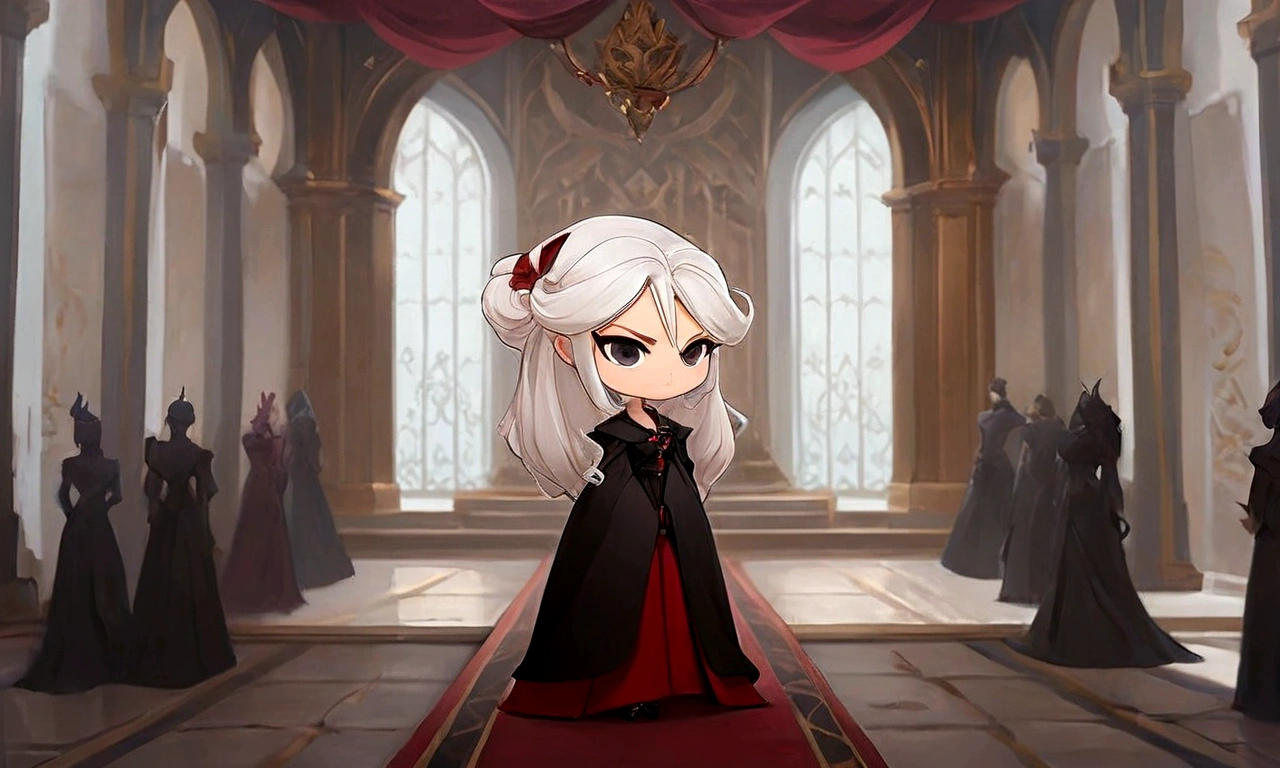 anime character in a long dress standing in a hall with a red carpet, in a throne room, inspired by Li Chevalier, ((wearing aristocrat robe)), an elegant gothic princess, ((a beautiful fantasy empress)), gothic regal, rococo queen, royal elegant pose, anime girl wearing a black dress, anime style like fate/stay night, evil princess