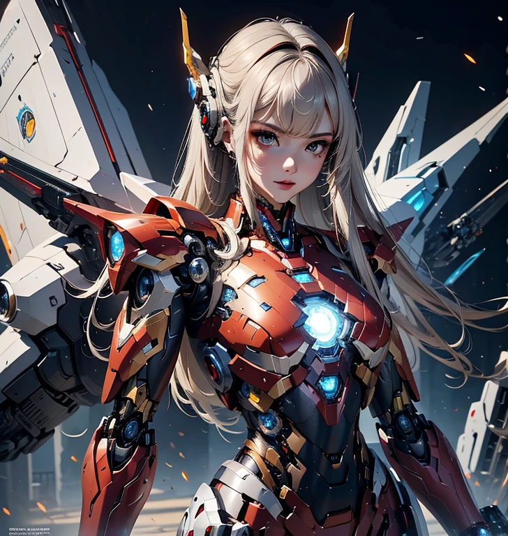 Super detailed, advanced details, high quality, 最high quality, High resolution, 1080P, hard disk, beautiful,(Iron Girl),Beautiful cyborg woman,Mecha cyborg girl,battle mode,Mecha body girl,She wears an Iron Man mech,full body shot