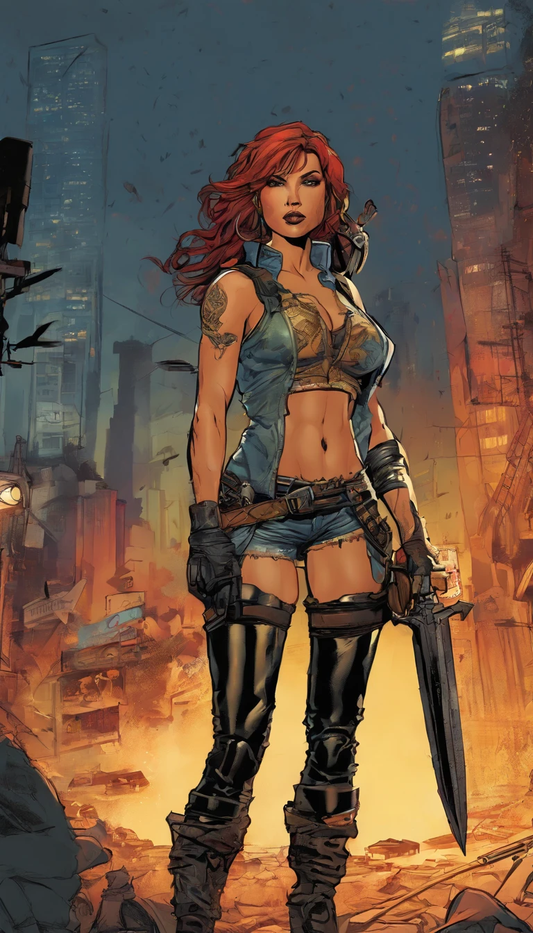 Full body shot, a post-apocalyptic warrior woman,35 years old,almost naked,Simon Bisley style,cover of Heavy Metal magazine,hair half black half white,minimal clothing,short clothes,detailed realistic skin,muscular body,intense gaze,cinematic lighting,dramatic shadows,vibrant colors,dystopian atmosphere,(best quality,8k,highres,masterpiece:1.2),ultra-detailed,(realistic,photorealistic,photo-realistic:1.37),cinematic,dark fantasy,gritty,moody
