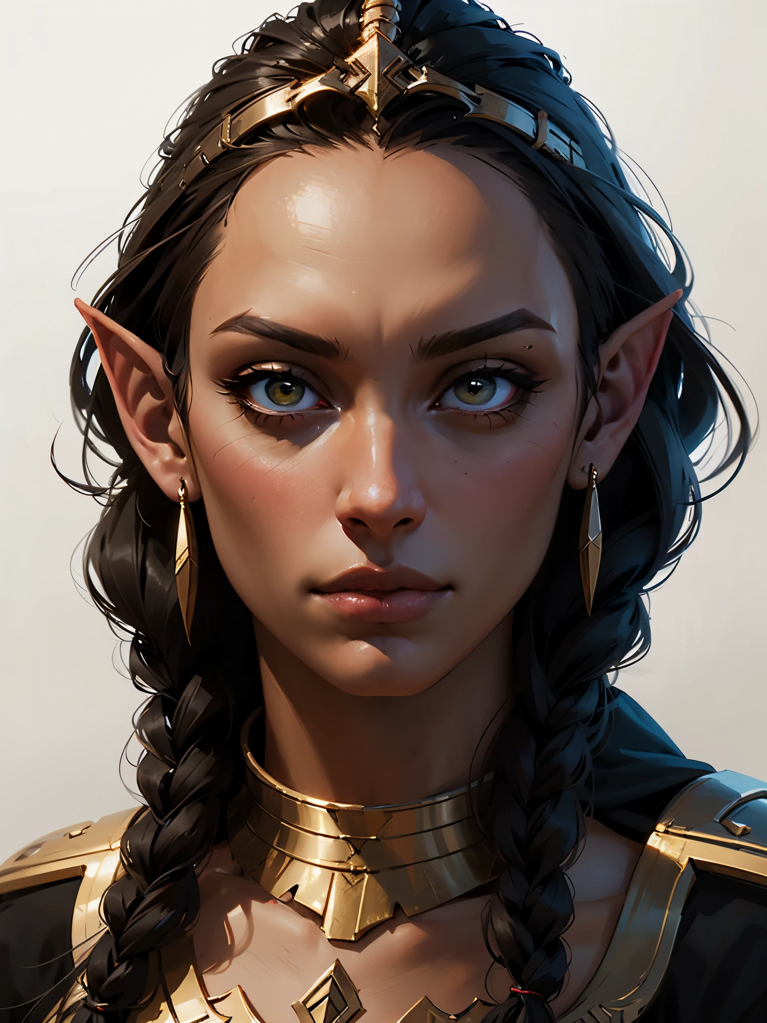 1person, Female night elf, dark skin, white braided hair, (no pupils:1.1), Cleopatra inspired clothing, DnD character art, Baldur's Gate, plain white background, front view, dynamic pose, three-quarter body portrait, detailed, realistic, concept art