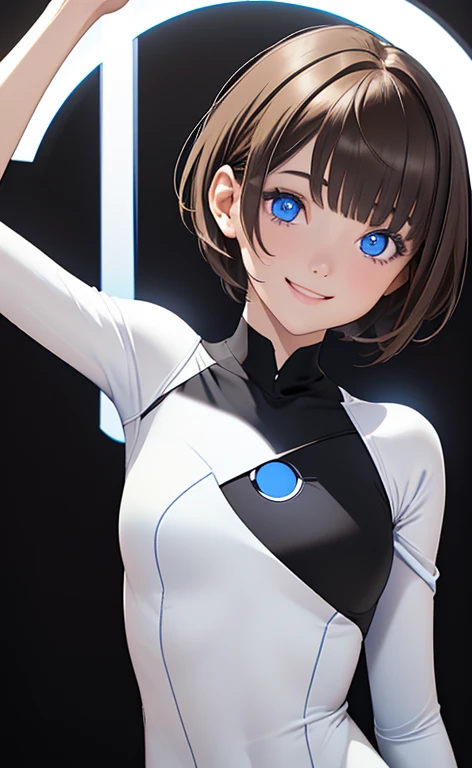 (Photorealistic:1.4)、(,20-year-old:1.5),(masterpiece、Blue lens flare:1.5、spot light:1.2、Exquisite beautiful eye:1.5,portlate),(kind eyes、tareme:1.9),(Black light:1.5)、Cute Face、 3D Face、(light brown hair:1.5)、(pixie cut:1.5),(sidelock :1.5),(blunt bangs:1.3),(1 woman)、(Blue eyes:1.2)、(upper body:1.5)、(Cute smile:1.5)、(head tilt) ,(Cute face:1.2),(flat chest),(),kind face,(white Bodysuit with circle cut out1.5),(black background:1.5)、()、()、 Neat and clean、Adorable、Demure,Slim Body(),Shiny Hair、()、Nijisketch,Manga,blacklight