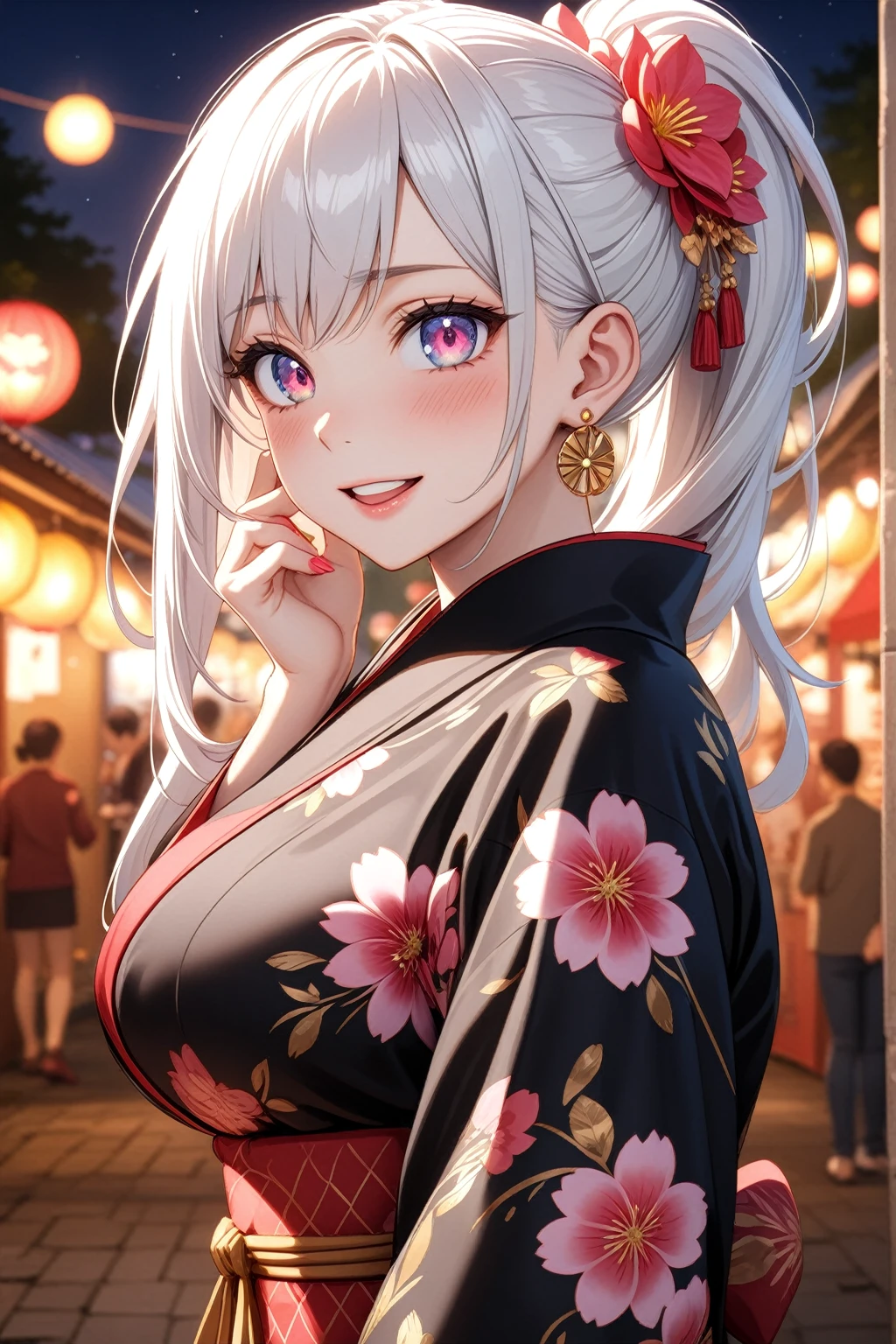 ((one personの女性)), Beautiful Face,Laughing embarrassedly,Laughing with your mouth open,Bright red cheeks,Glossy pink lips,night,Festival stalls on the riverbank,firework,((Anime style background)),masterpiece, highest quality, so beautiful, Latest, Complex details, (Pink long nails),AI-generated, Complex,High resolution, highest quality, super high quality,3D Images、View your viewers、3D Images,one person,Long white hair,High Ponytail,blue eyes,Anime woman posing for a photo, ((Fine grain、Colorful eyes、Shining Eyes:1.1)),(Squint your eyes:1.1),a hyperRealistic , hyperRealistic , Realistic,Anime woman with long and white hair, Smooth anime CG art, A woman in a colorful kimono with gold embroidery, (Black kimono),Red floral pattern,Long flower hair ornament,Big earrings,,Mature Body,(Big Breasts:1.0)Tall,Big Ass,Fine details,Narrow waist,(Face close-up:1.5),tilt one's head,Bevel the background