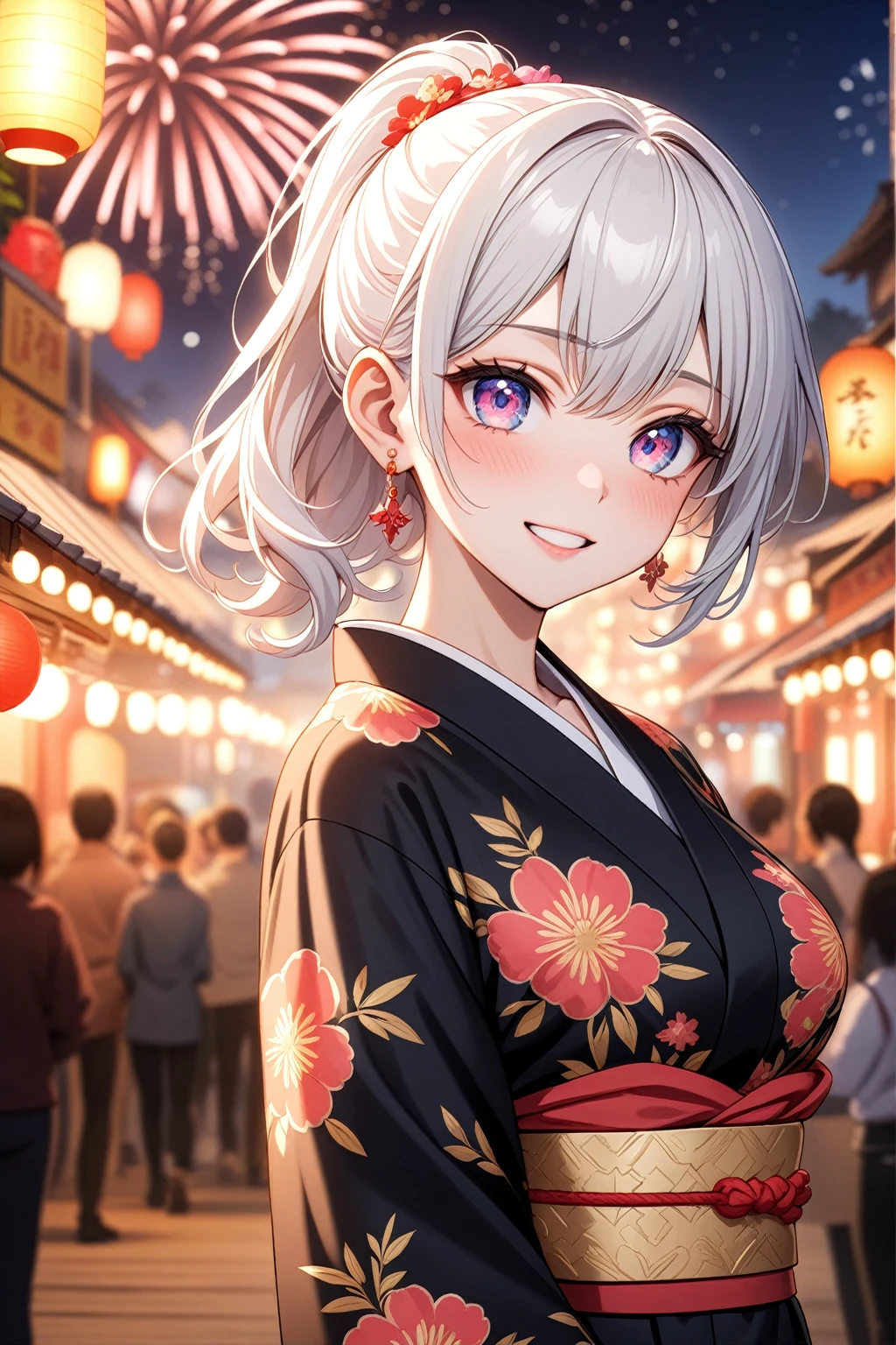 ((one personの女性)), Beautiful Face,Laughing embarrassedly,Laughing with your mouth open,Bright red cheeks,Glossy pink lips,night,Festival stalls on the riverbank,firework,((Anime style background)),masterpiece, highest quality, so beautiful, Latest, Complex details, (Pink long nails),AI-generated, Complex,High resolution, highest quality, super high quality,3D Images、View your viewers、3D Images,one person,Long white hair,High Ponytail,blue eyes,Anime woman posing for a photo, ((Fine grain、Colorful eyes、Shining Eyes:1.1)),(Squint your eyes:1.1),a hyperRealistic , hyperRealistic , Realistic,Anime woman with long and white hair, Smooth anime CG art, A woman in a colorful kimono with gold embroidery, (Black kimono),Red floral pattern,Long flower hair ornament,Big earrings,,Mature Body,(Big Breasts:1.0)Tall,Big Ass,Fine details,Narrow waist,(Face close-up:1.5),tilt one's head,Bevel the background