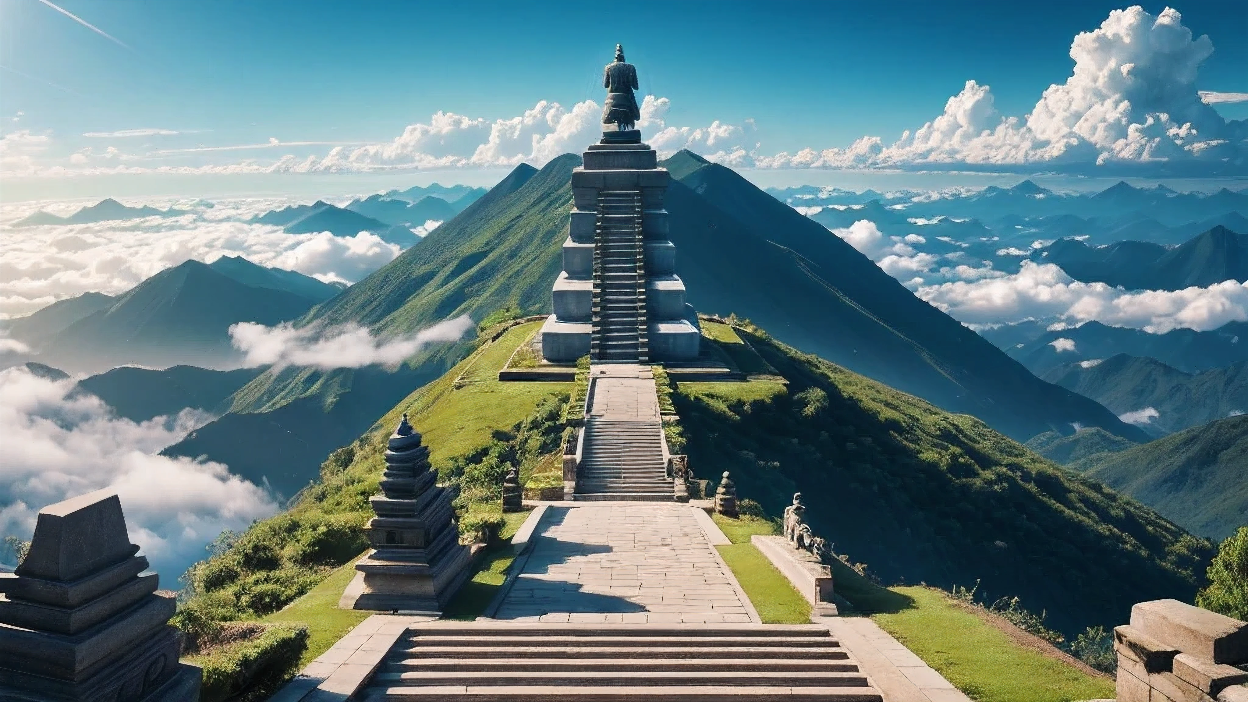 Stairs leading to heaven, at the top is a statue of Buddha meditating, scenery above the clouds, bright light