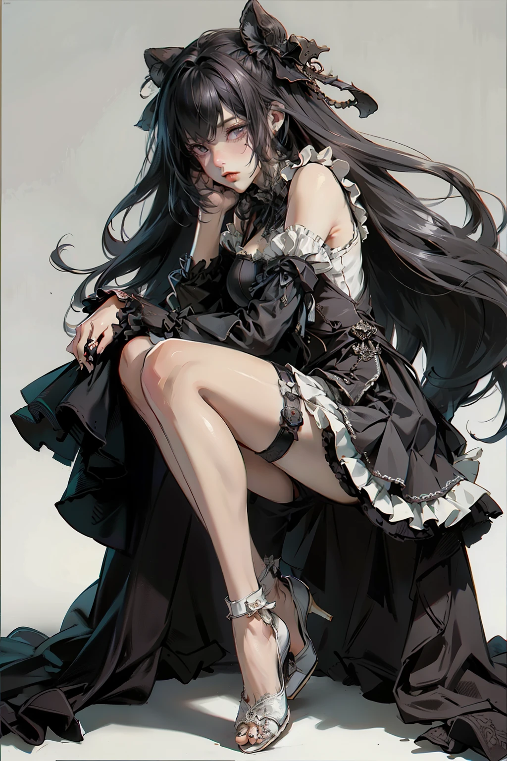 ((best quality)), ((masterpiece)), (detailed), blank white background, plain background, white background, Bloodborne inspired, occult aesthetic, occult, detailed and intricate steampunk and detailed gothic, NSFW, Very dramatic and cinematic lighting, cosmic horror, grim-dark, side-lighting, perfect face, NSFW, Fluttering lace flared long knee length dress with frilly petticoats, knee length dress, pleated petticoats, ta dress, petticoats gothic loliside-lighting, gothic lolita aetic, beautiful small breasts, small breasts, full body, whole body, body, plain background, white background, blank background, no background, white background NSFW, full body, whole body, head-to-toe