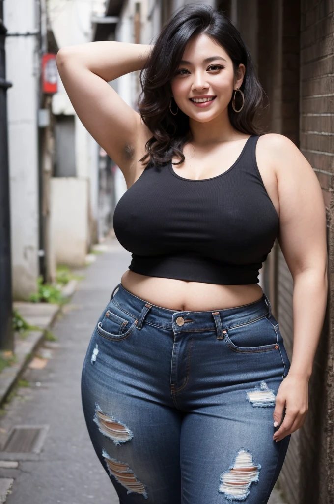 black medium hair,wavy hair,(armpit focus),(close up),saggy and gigantic breasts,(laughing),(sleeveless cotton blouse),28 years old,arm up,(black armpit hair:1.1),thick upper arm,standing in dark back alley,dark offstreet,(curvy body:1.3),(denim short pants),seductive and mature woman,beautiful and adult face,japanese woman,(at dark midnight:1.5),earing,