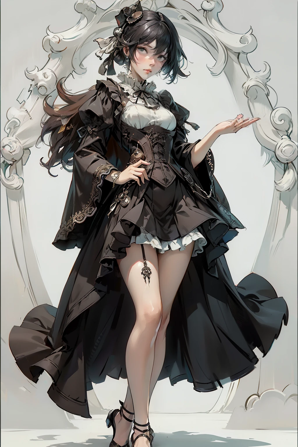 ((best quality)), ((masterpiece)), (detailed), blank white background, plain background, white background, Bloodborne inspired, occult aesthetic, occult, detailed and intricate steampunk and detailed gothic, NSFW, Very dramatic and cinematic lighting, cosmic horror, grim-dark, side-lighting, perfect face, NSFW, Fluttering lace flared long knee length dress with frilly petticoats, knee length dress, pleated petticoats, lolita dress, petticoats gothic lolita, side-lighting, gothic lolita aesthetic, beautiful small breasts, small breasts, full body, whole body, body, plain background, white background, blank background, no background, white background NSFW, full body, whole body, head-to-toe