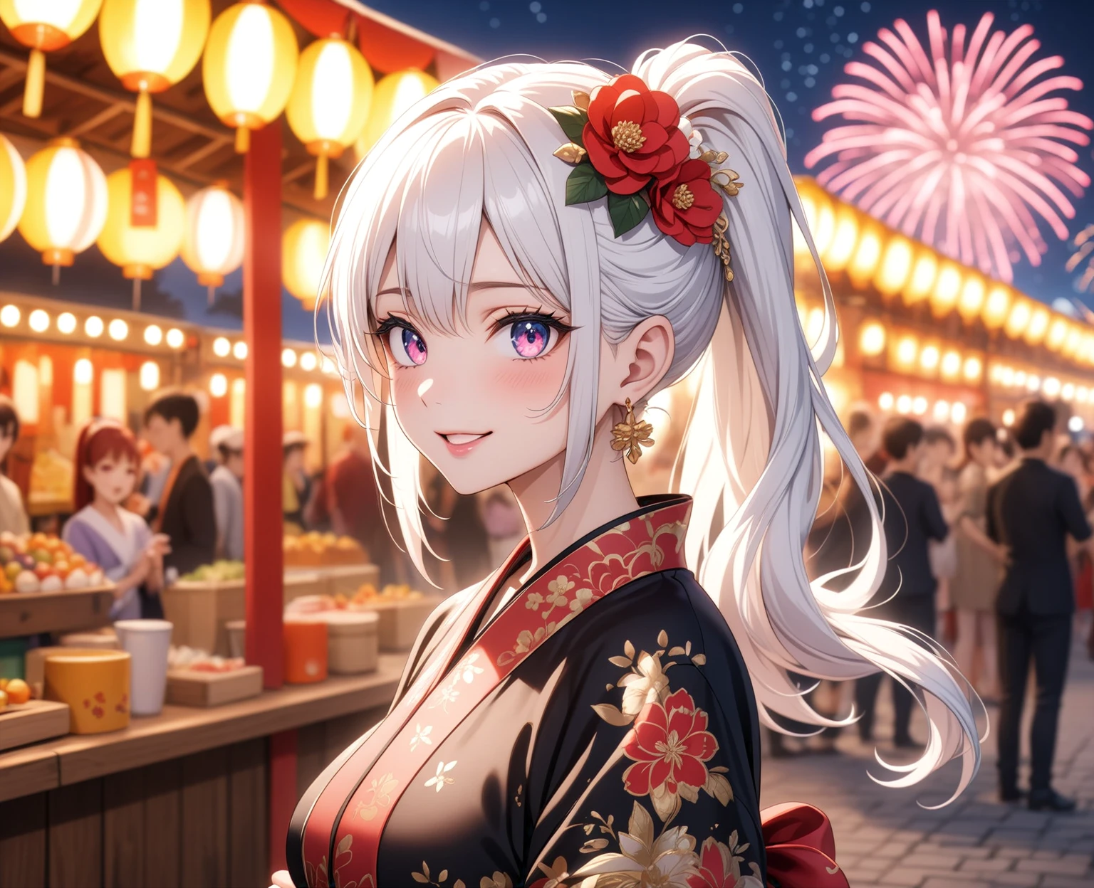 ((one personの女性)), Beautiful Face,Laughing embarrassedly,Laughing with your mouth open,Bright red cheeks,Glossy pink lips,night,Festival stalls on the riverbank,firework,((Anime style background)),masterpiece, highest quality, so beautiful, Latest, Complex details, (Pink long nails),AI-generated, Complex,High resolution, highest quality, super high quality,3D Images、View your viewers、3D Images,one person,Long white hair,High Ponytail,blue eyes,Anime woman posing for a photo, ((Fine grain、Colorful eyes、Shining Eyes:1.1)),(Squint your eyes:1.1),a hyperRealistic , hyperRealistic , Realistic,Anime woman with long and white hair, Smooth anime CG art, A woman in a colorful kimono with gold embroidery, (Black kimono),Red floral pattern,Long flower hair ornament,Big earrings,,Mature Body,(Big Breasts:1.0)Tall,Big Ass,Fine details,Narrow waist,(Face close-up:1.5),Bevel the background
