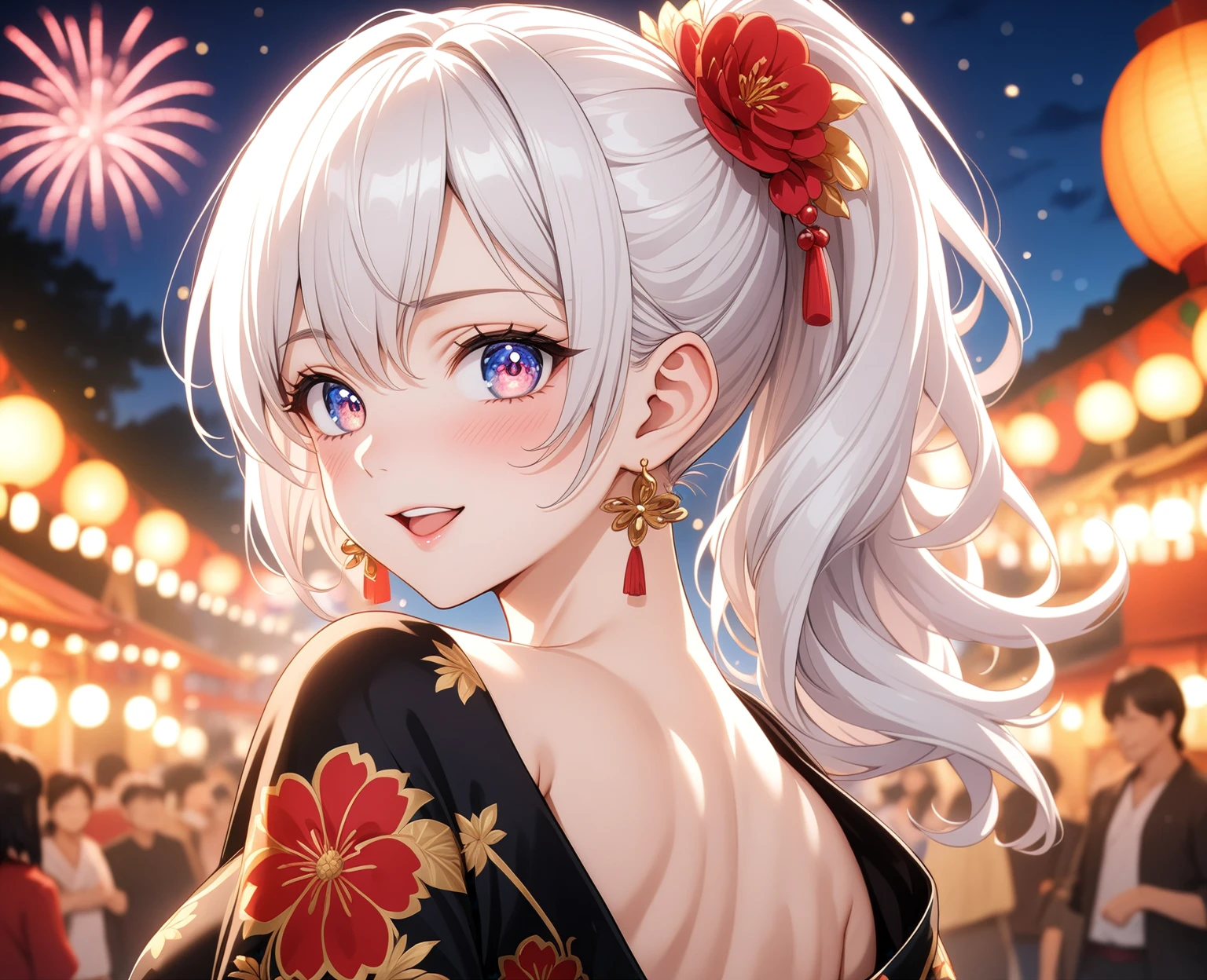 ((one personの女性)), Beautiful Face,Laughing embarrassedly,Laughing with your mouth open,Bright red cheeks,Glossy pink lips,night,Festival stalls on the riverbank,firework,((Anime style background)),masterpiece, highest quality, so beautiful, Latest, Complex details, (Pink long nails),AI-generated, Complex,High resolution, highest quality, super high quality,3D Images、View your viewers、3D Images,one person,Long white hair,High Ponytail,blue eyes,Anime woman posing for a photo, ((Fine grain、Colorful eyes、Shining Eyes:1.1)),(Squint your eyes:1.1),a hyperRealistic , hyperRealistic , Realistic,Anime woman with long and white hair, Smooth anime CG art, A woman in a colorful kimono with gold embroidery, (Black kimono),Red floral pattern,Long flower hair ornament,Big earrings,,Mature Body,(Big Breasts:1.0)Tall,Big Ass,Fine details,Narrow waist,(Face close-up:1.5),Bevel the background