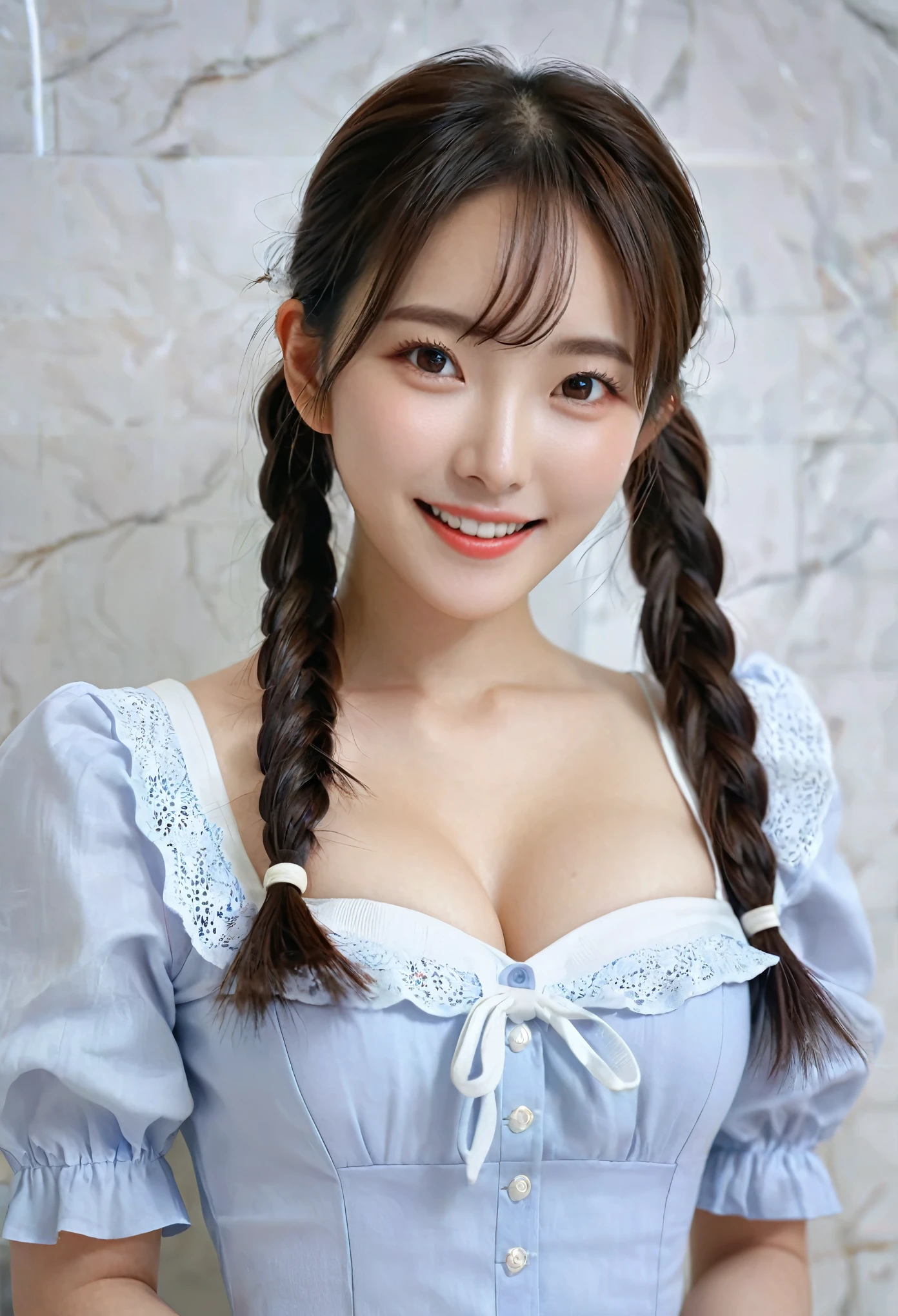 Realistic photos of cute Korean star women, Uneven pigtails, light makeup, Medium breast size, Smile a little, Full Body Shot、Clear facial features with sharp and realistic details, Sony FE, 35mm, Cinematic lighting, Advanced Details, UHD, high quality, HD, 8K, 16k