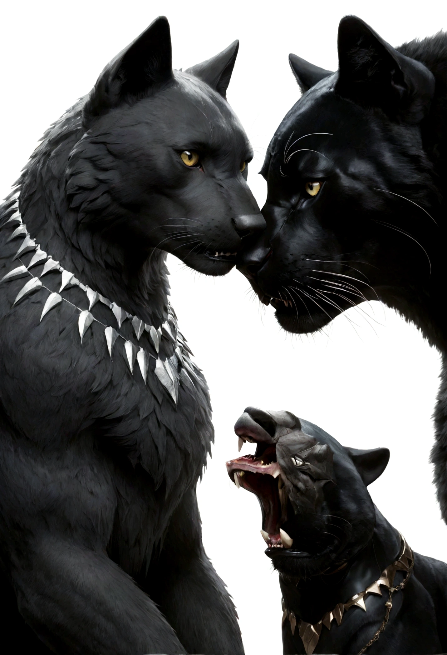 The two are looking at each other, a wolf and a black panther, facing each other, with a white background behind them.