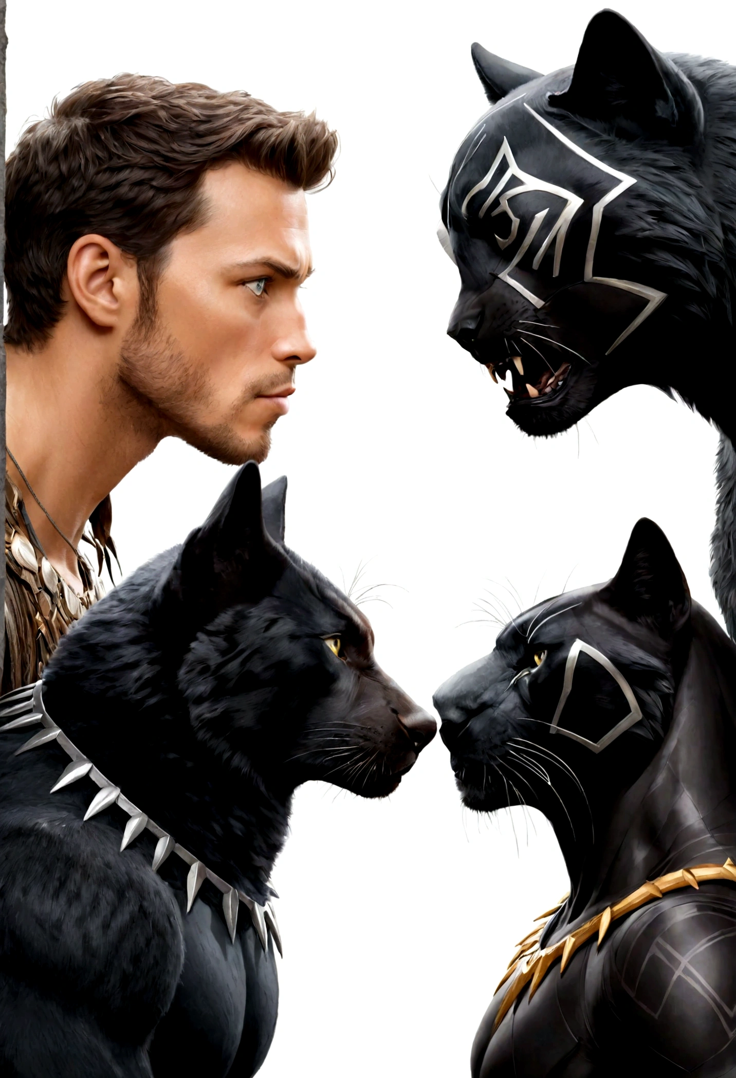 The two are looking at each other, a wolf and a black panther, facing each other, with a white background behind them.