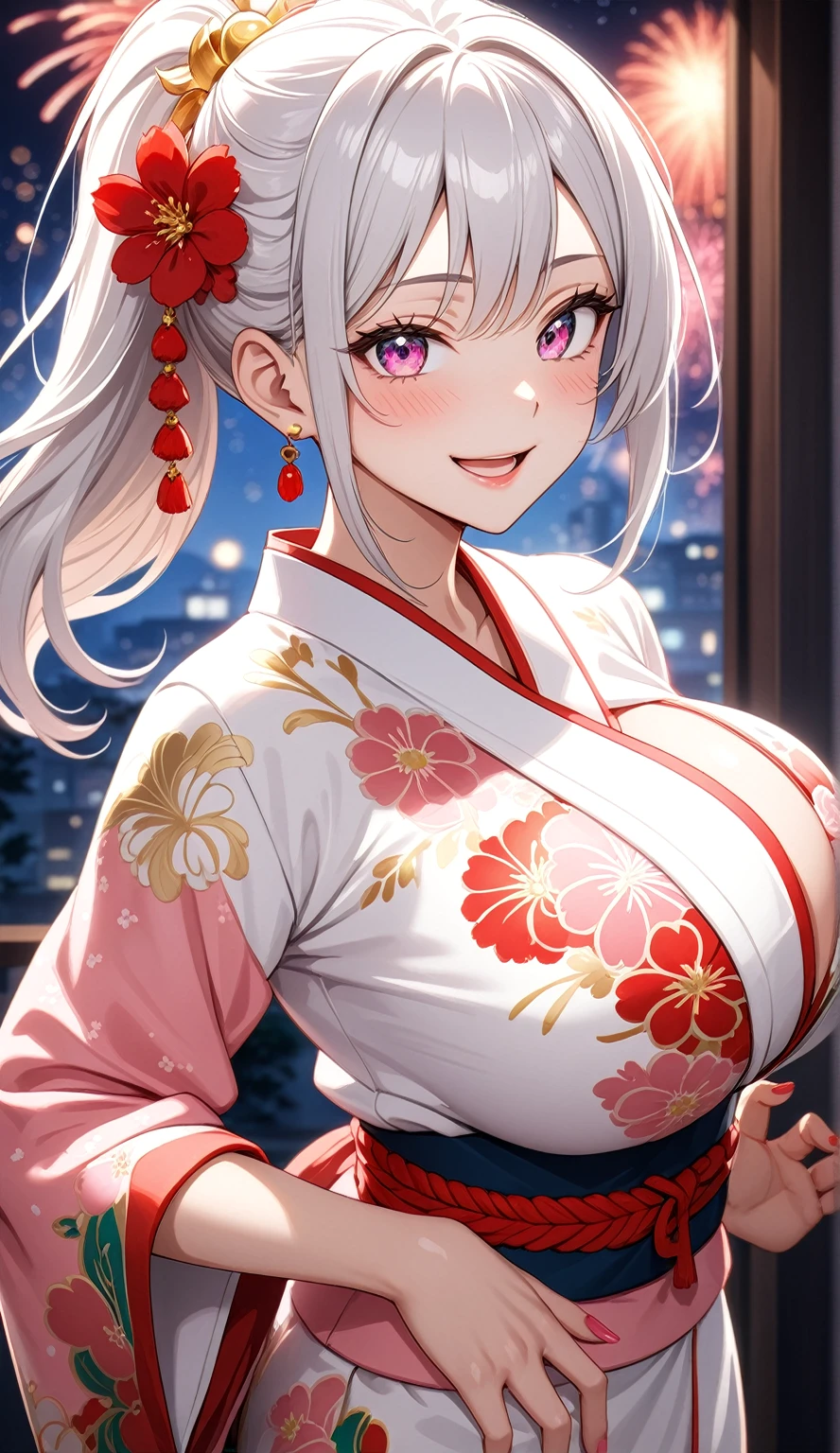 ((one personの女性)), Beautiful Face,Laughing in annoyance,((Wink:1.7)),Laughing with your mouth open,Bright red cheeks,Glossy pink lips,night,Superior Japanese room,firework,((Anime style background)),masterpiece, highest quality, so beautiful, Latest, Complex details, (Pink long nails),AI-generated, Complex,High resolution, highest quality, super high quality,3D Images、View your viewers、3D Images,one person,Long white hair,High Ponytail,blue eyes,Anime woman posing for a photo, ((Fine grain、Colorful eyes、Shining Eyes:1.1)),(Squint your eyes:1.1),a hyperRealistic , hyperRealistic , Realistic,Anime woman with long and white hair, Smooth anime CG art, A woman in a colorful kimono with gold embroidery, (White kimono),Red floral pattern,Long flower hair ornament,Big earrings,Mature Body,(Big Breasts:1.2),Tall,Big Ass,Fine details,Narrow waist,(Face close-up:1.5),Diagonal Background,Bending the hips
