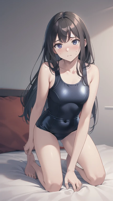 (Highest quality), (masterpiece), 1080p, High resolution, 4K, 8k, ((school swimsuit)), Pass through the chest, spread legs, legs up, Constraints具, Lock, Lying on your back, Leg spread, Open up, Shot from directly above, Sweat, ((side)), sideを見せる, Constraints, ((Nipples)), Nipples, Mid-chest, whole body, Embarrassed face, Long Black Hair, Blunt bangs, bracelet, Leather shoes, Platform boots, Karaoke Box, Ribbon on neck