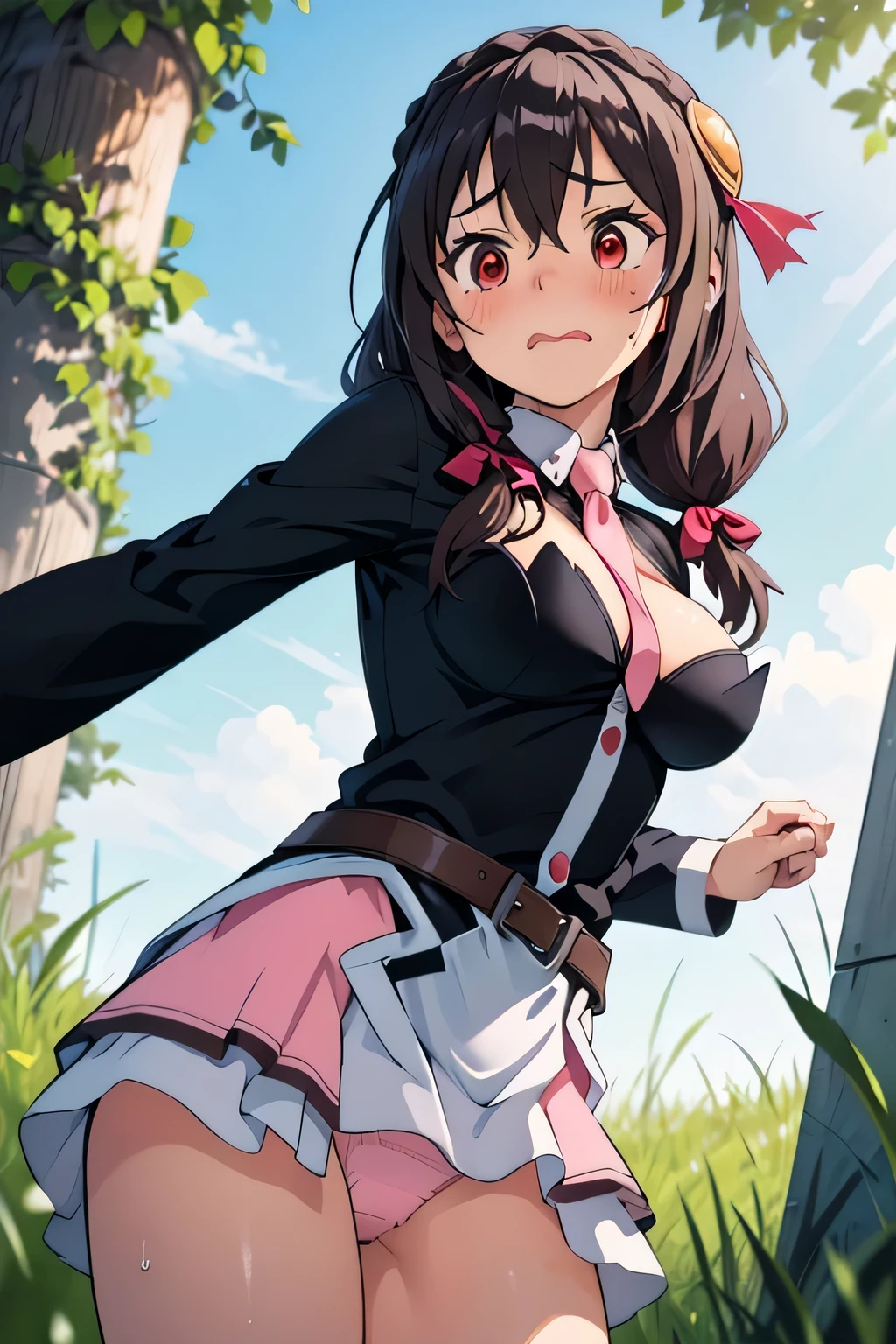 (masterpiece, highest quality), One girl, Yunyun,Long Hair,Braiding,Twin tails,Hair between the eyes,Hair Ribbon,hair ornaments,Slightly larger breasts、Pink Skirt、Red Eyes、Embarrassed face、grass、The whole face is red:2、Crown Blade,Black Shirt, Long sleeve,Pink tie, belt, Cleavage cutout、cowboy shot、Pink panties are visible from under the skirt、View from below:1.5、Sweat