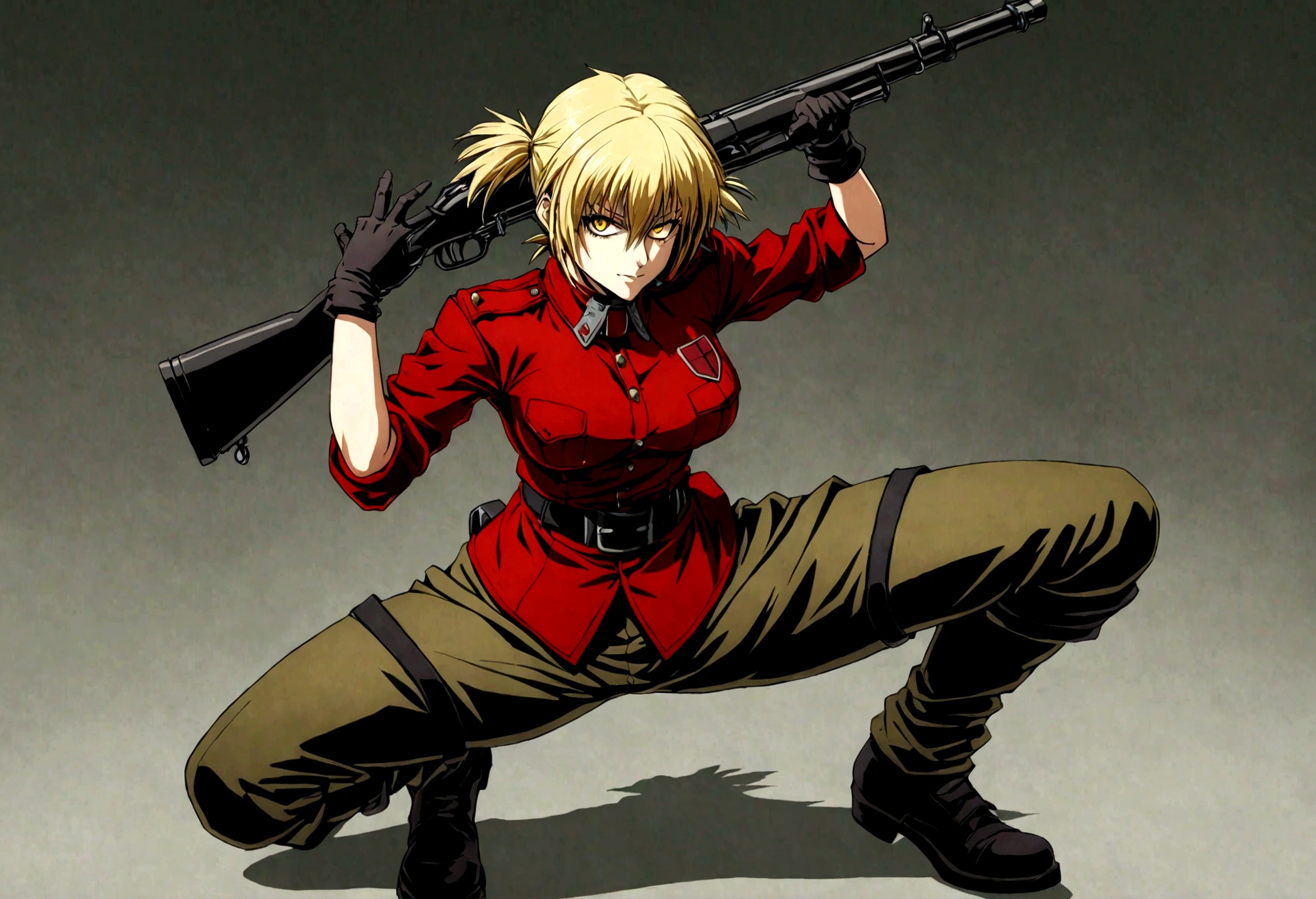 (masterpiece, top quality, best quality, official art, beautiful and aesthetic:1.2), (1girl), extreme detailed,(Victoria Seras, blond short hair, short back twintails, yellow eyes, Hellsing anime, Vampire, Hellsing uniform, yellow military uniform, jumpsuit, skirt, wide Rolled up sleeves, Chevron, black belt),colorful,highest detailed,((full body)), crouching, weapon pose, have big rifle