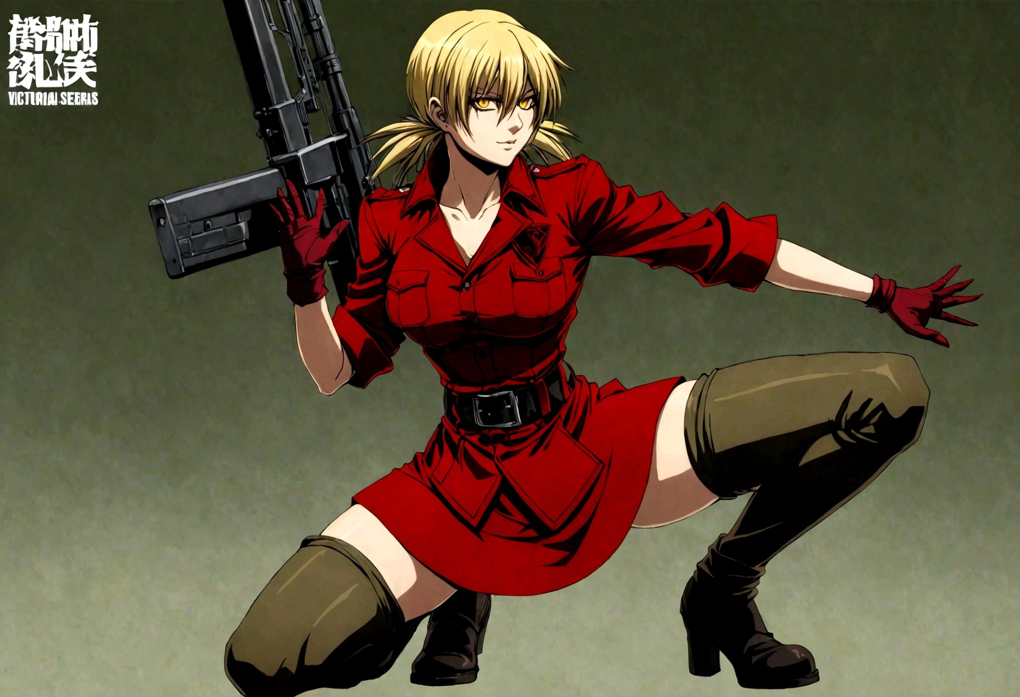 (masterpiece, top quality, best quality, official art, beautiful and aesthetic:1.2), (1girl), extreme detailed,(Victoria Seras, blond short hair, short back twintails, yellow eyes, Hellsing anime, Vampire, Hellsing uniform, yellow military uniform, jumpsuit, skirt, wide Rolled up sleeves, Chevron, black belt),colorful,highest detailed,((full body)), crouching, weapon pose, have big rifle