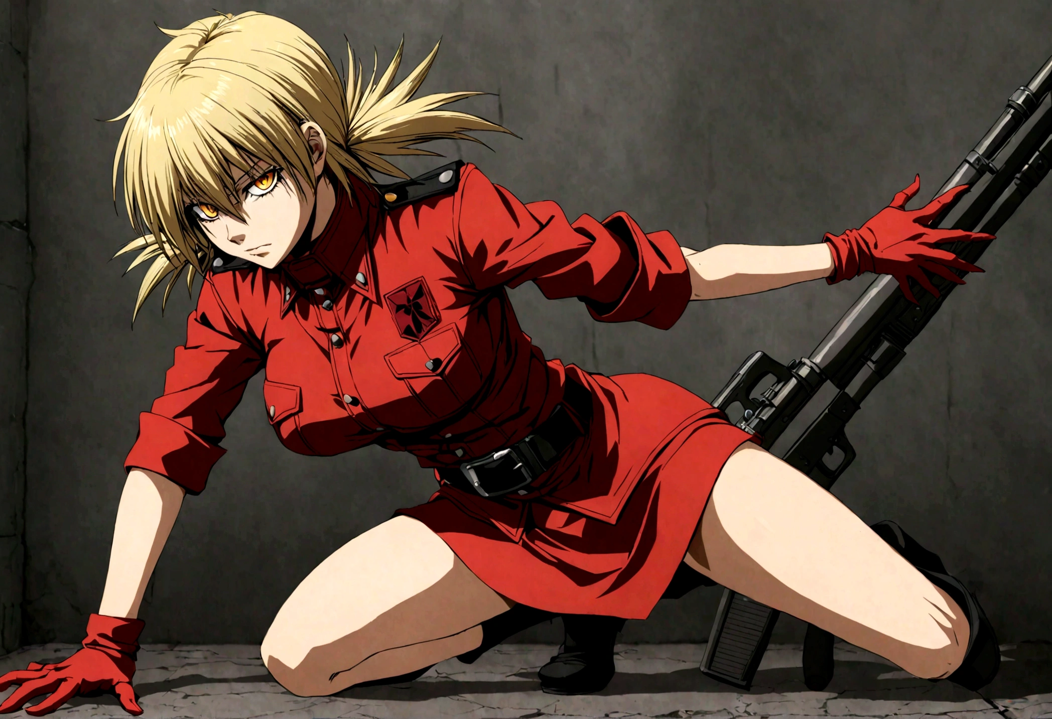 (masterpiece, top quality, best quality, official art, beautiful and aesthetic:1.2), (1girl), extreme detailed,(Victoria Seras, blond short hair, short back twintails, yellow eyes, Hellsing anime, Vampire, Hellsing uniform, yellow military uniform, jumpsuit, skirt, wide Rolled up sleeves, Chevron, black belt),colorful,highest detailed,((full body)), crouching, weapon pose, have big rifle