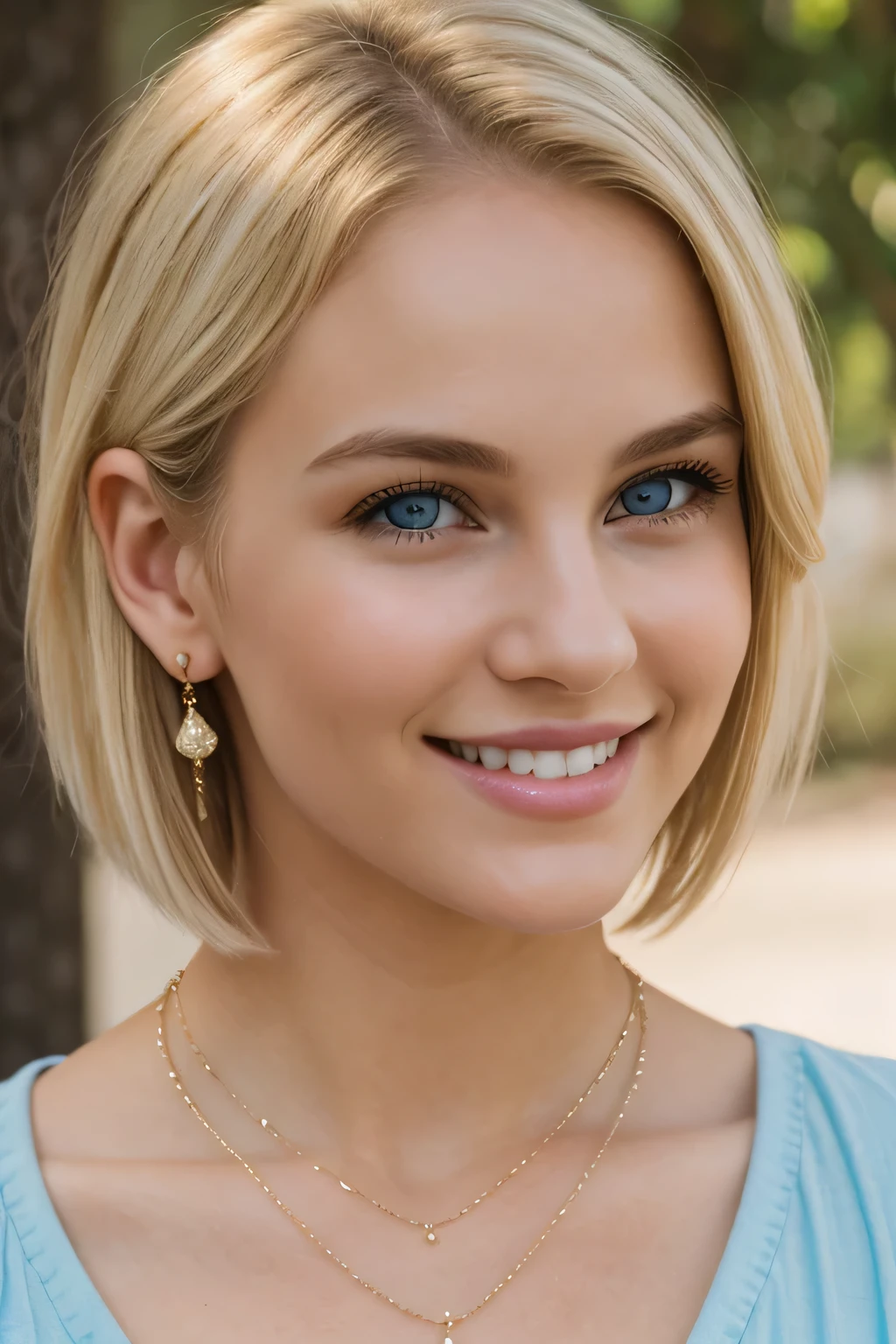 ２０A beautiful young woman、 White woman、Blonde Hair、Wavy Hair、Short Haircut、blue eyes、Ear piercing、Necklace around the neck、blouse、smile, Beautiful teeth alignment、Intricate details, Very detailed:1.2), 、 Looking at the camera,The background is the town

