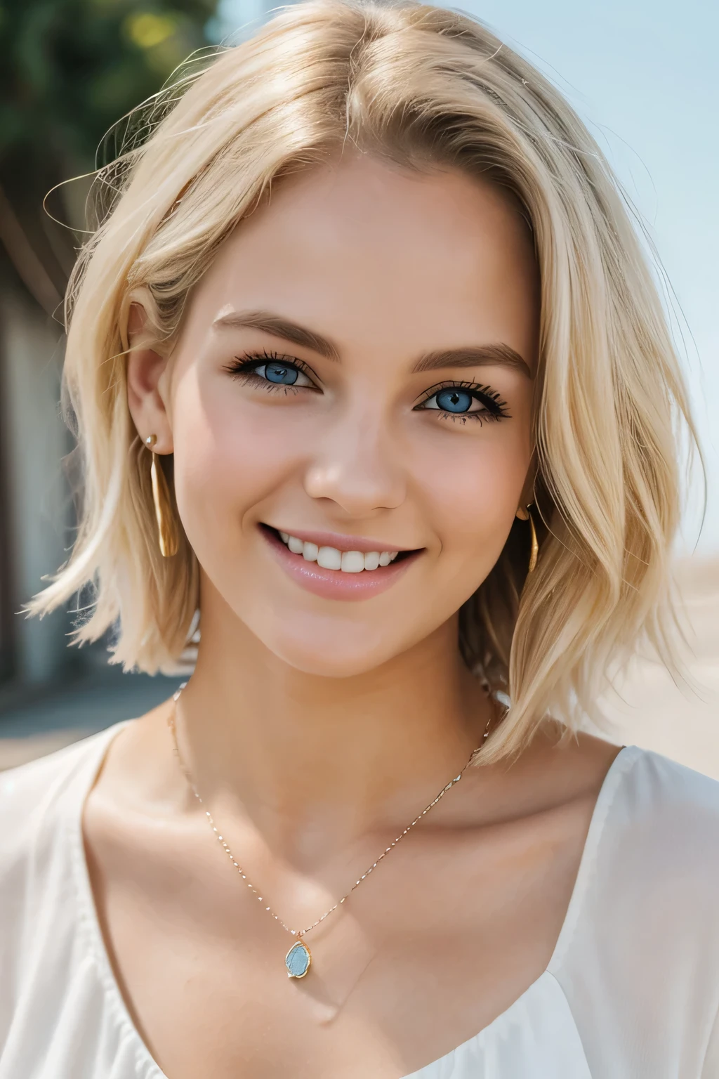 ２０A beautiful young woman、 White woman、Blonde Hair、Wavy Hair、Short Haircut、blue eyes、Ear piercing、Necklace around the neck、blouse、smile, Beautiful teeth alignment、Intricate details, Very detailed:1.2), 、 Looking at the camera,The background is the town

